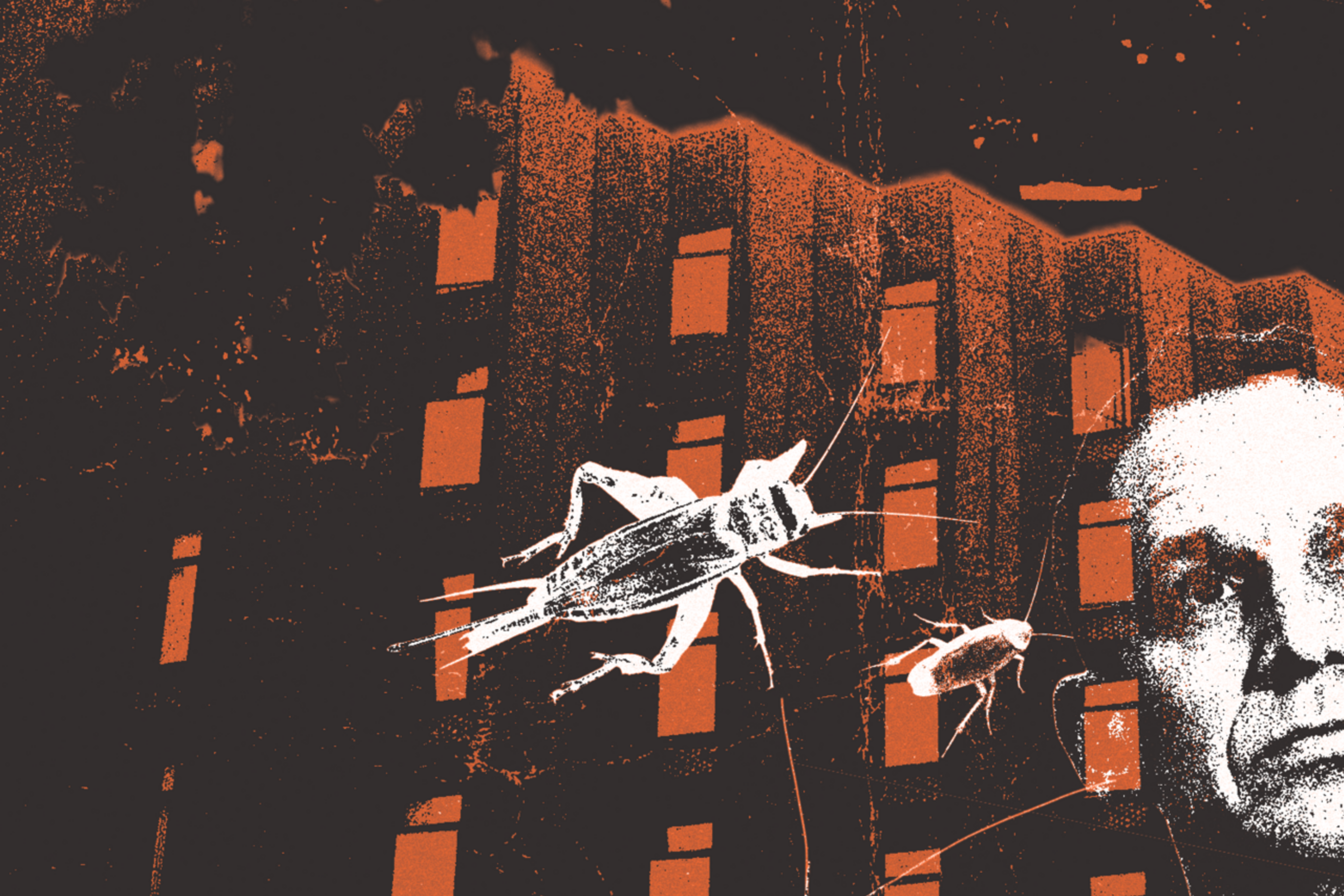 A photo illustration depicting a man's face against a building.