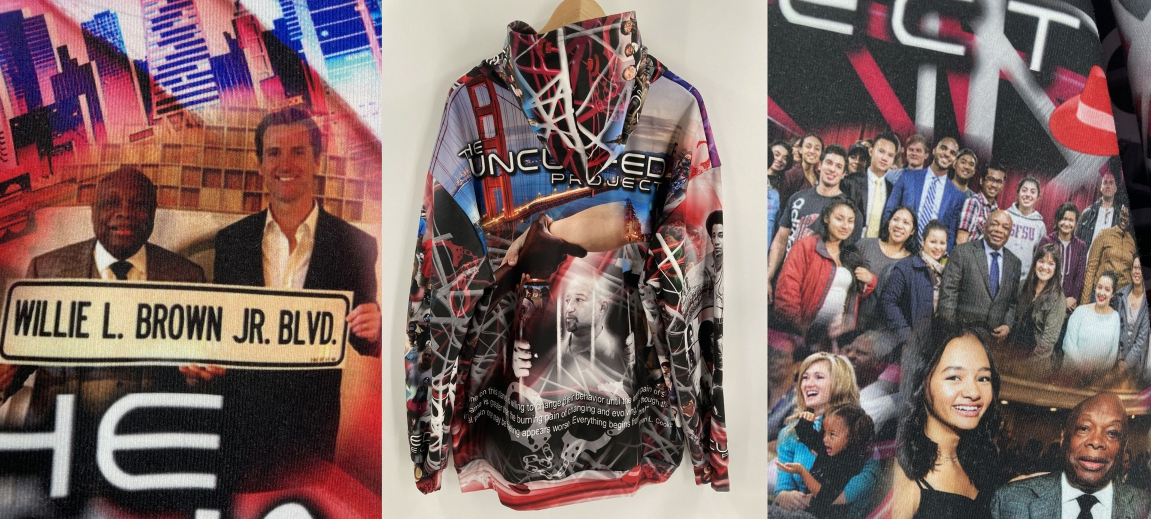 Three images of clothes with photo prints: two men with a street sign, a collage with text, and a group of smiling people.