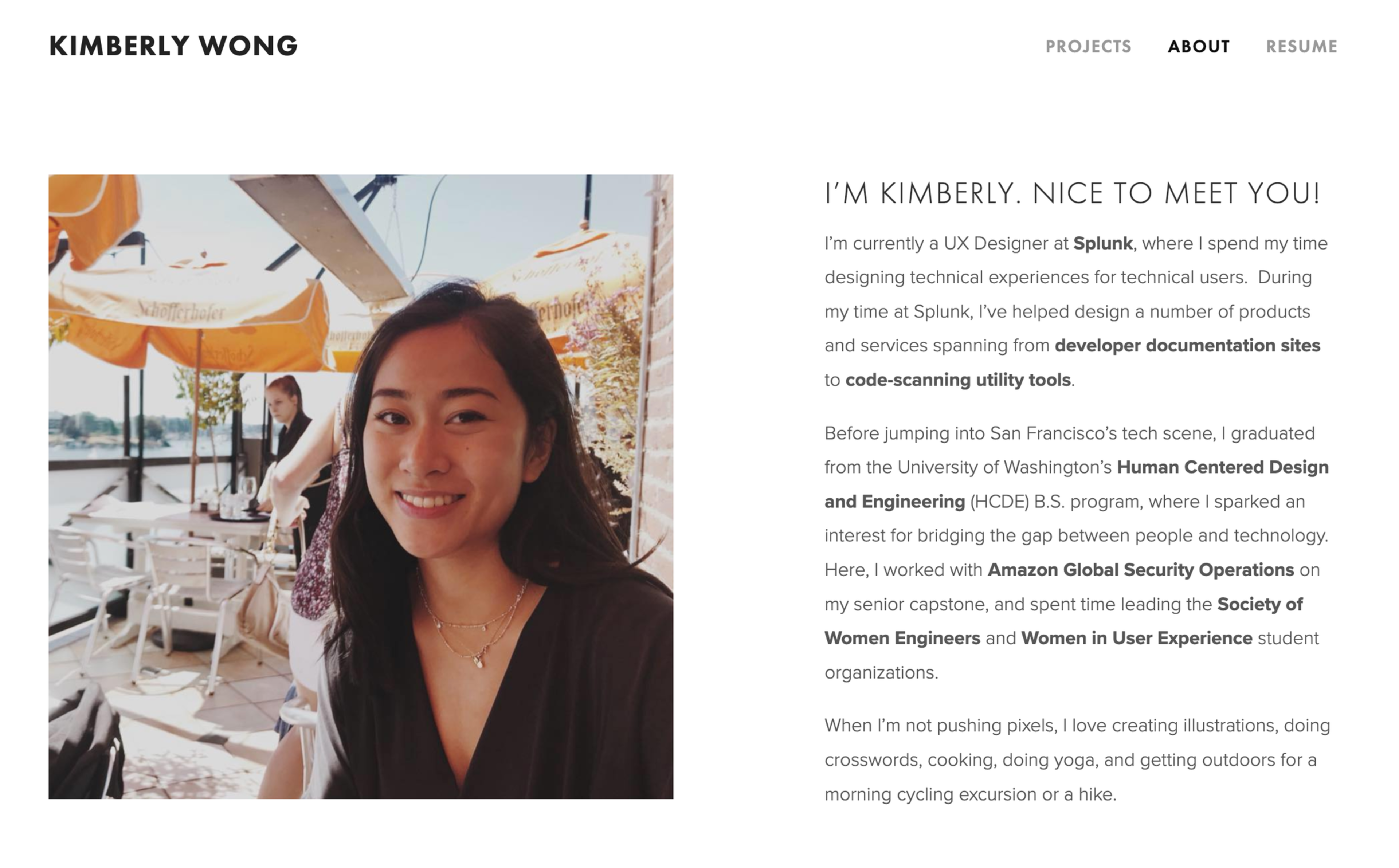 a webpage shows a woman and some text about her work history