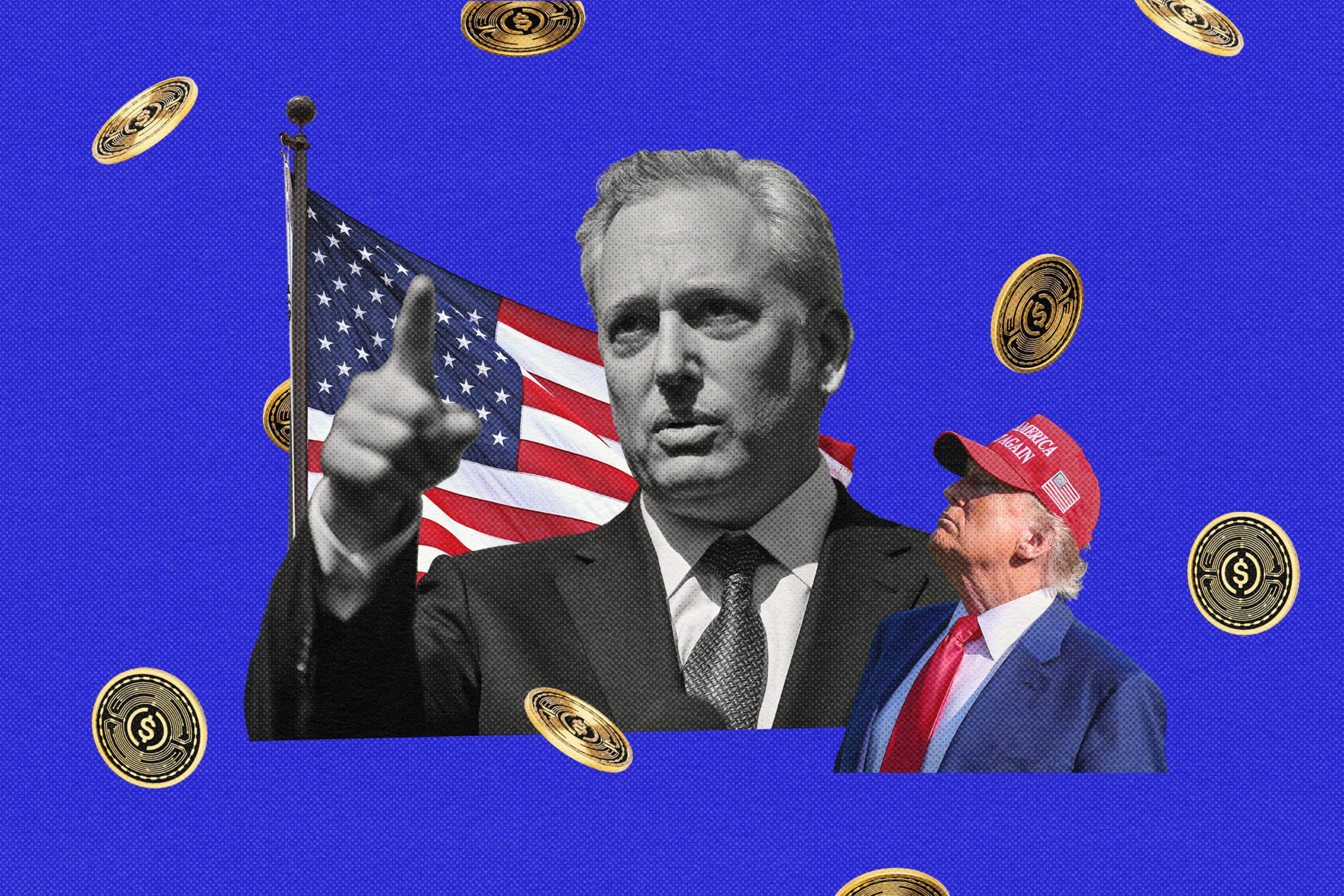 A photo illustration of 2 men and a flag