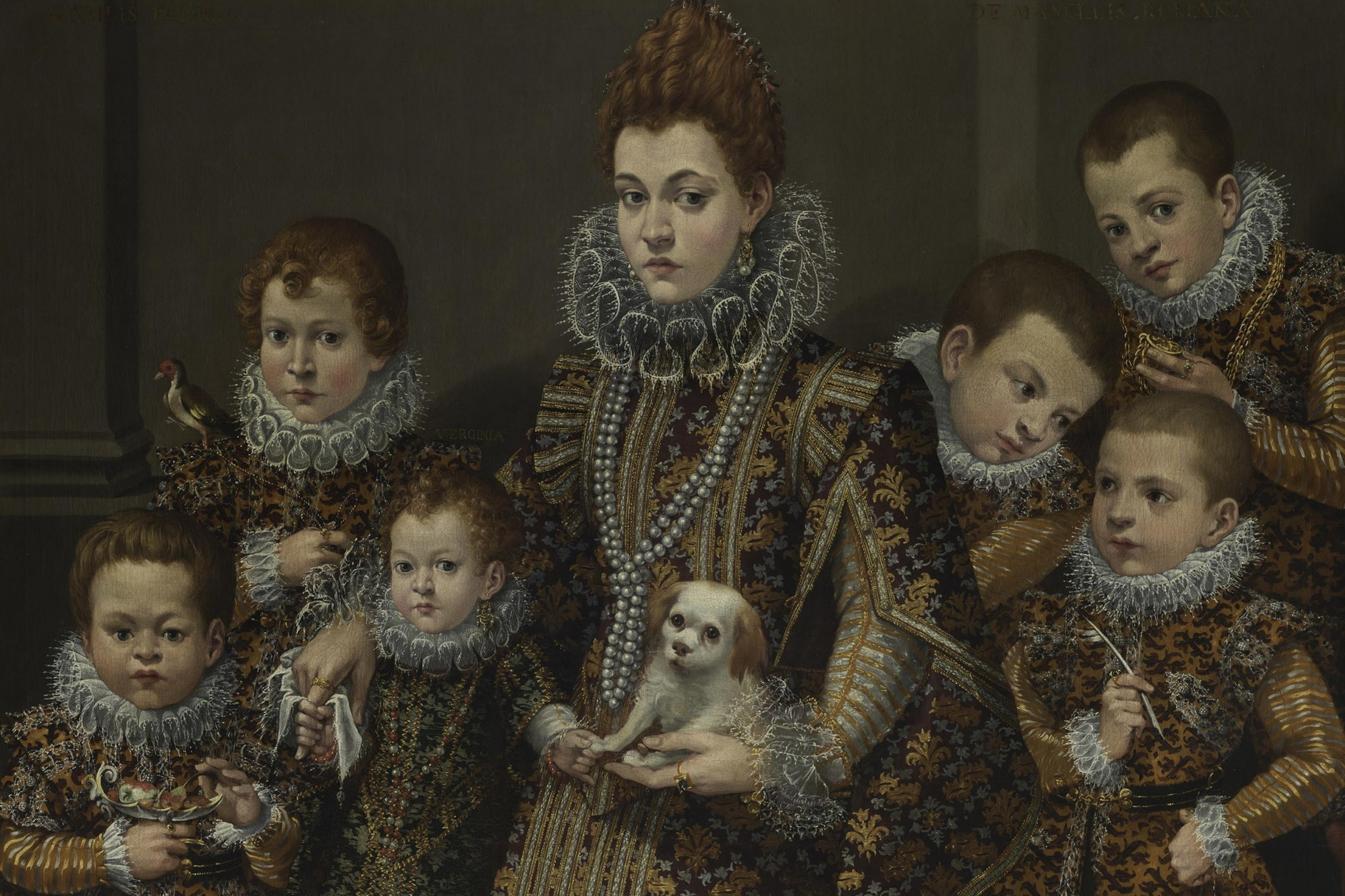 An ornate painting of six children and a dog, all in elaborate Elizabethan attire with ruffed collars.