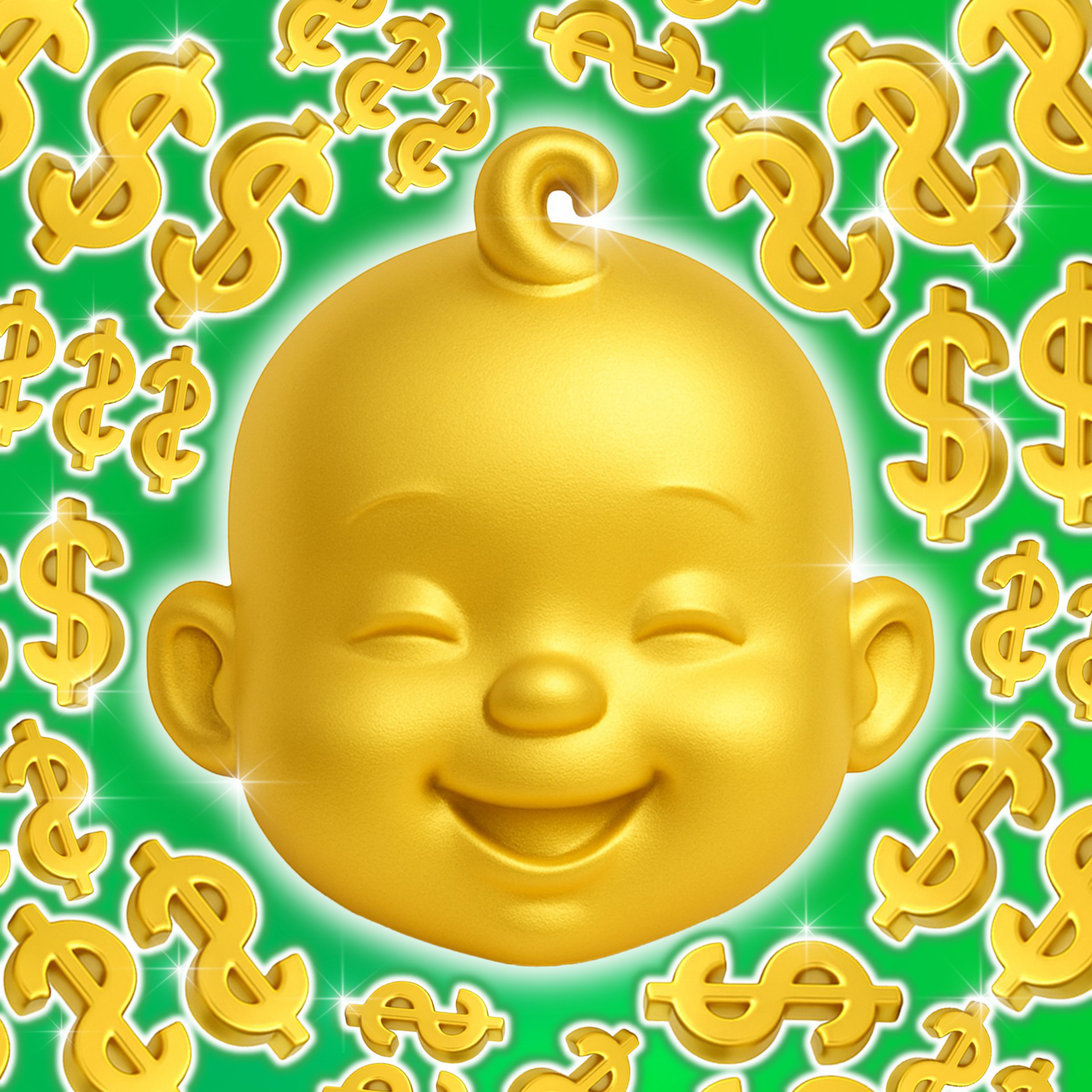 A shiny gold baby face with a curl on its head smiles surrounded by sparkling gold dollar signs against a vibrant green background.