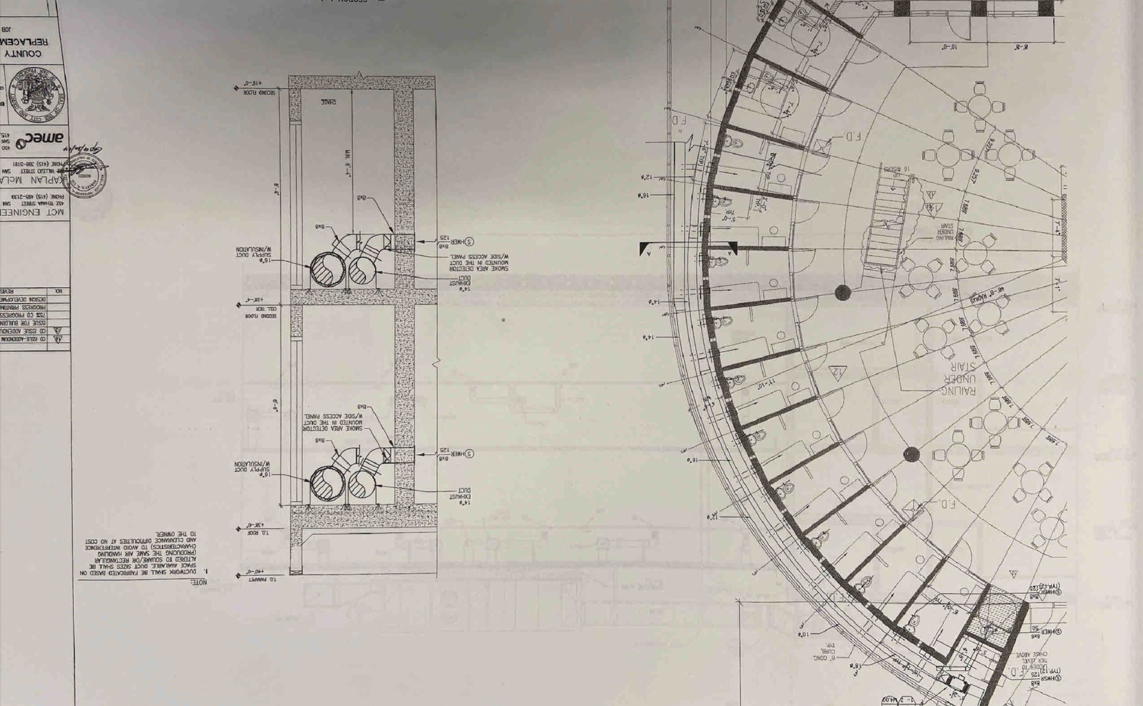 A partial circular architectural floor plan details multiple rooms arranged radially, a dining area with round tables and chairs, and utility sections with piping.