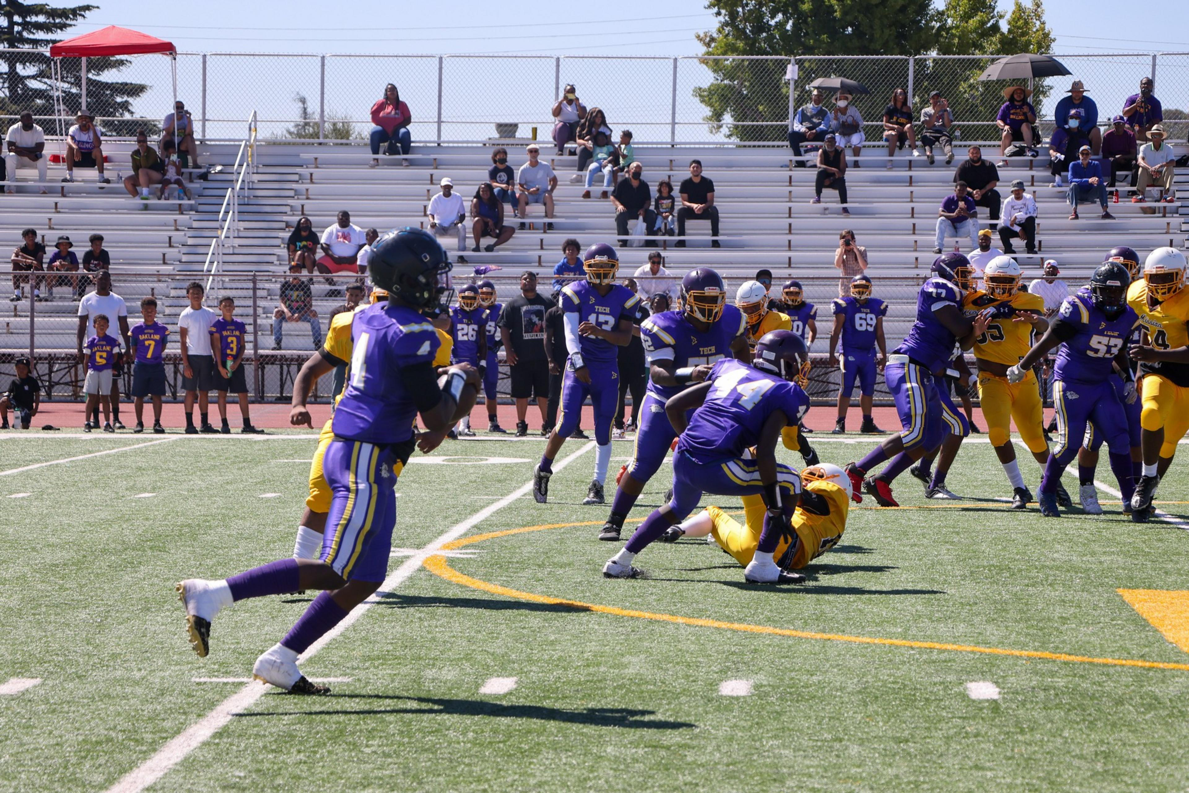 Players in purple and yellow uniforms compete in a football game on a sunny field with spectators seated on bleachers in the background.