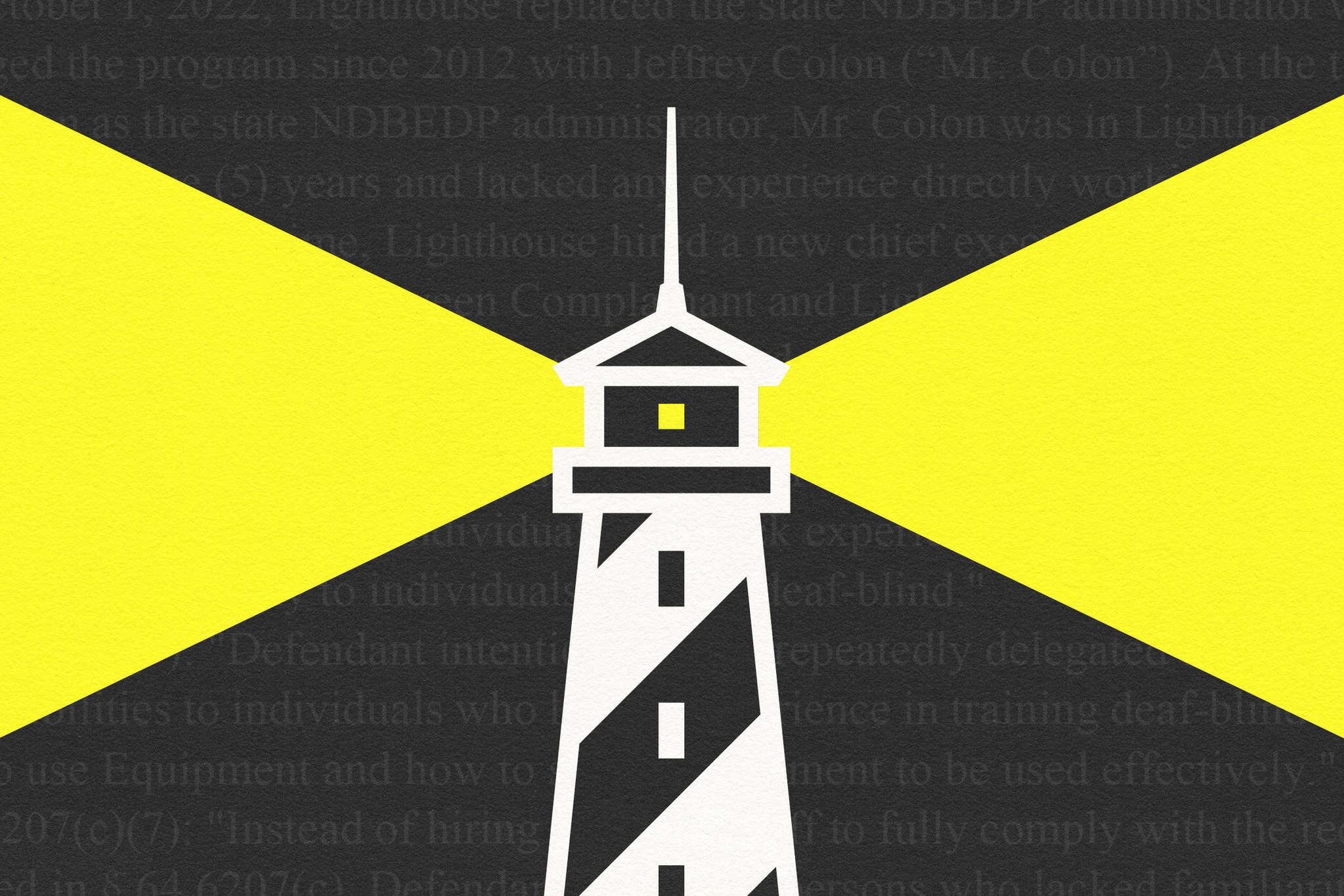 The image shows a stylized lighthouse on a dark background, emitting two bright yellow beams of light in opposite directions. Text is faintly visible behind.