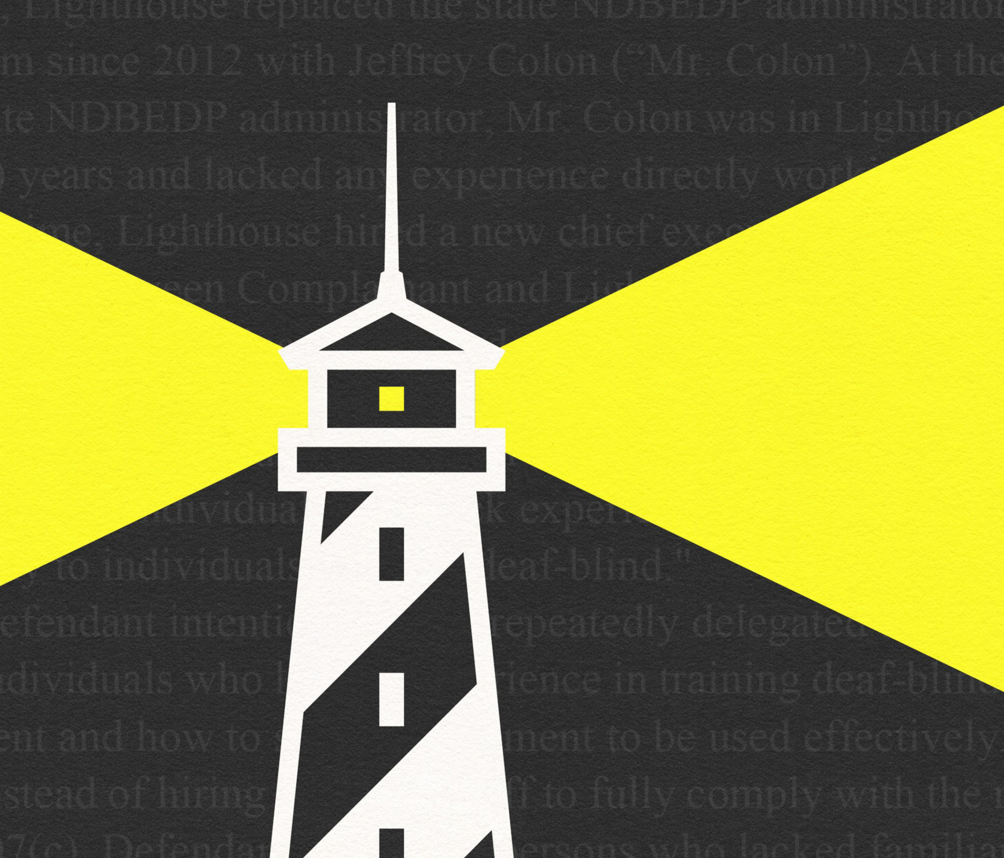 The image shows a stylized lighthouse on a dark background, emitting two bright yellow beams of light in opposite directions. Text is faintly visible behind.
