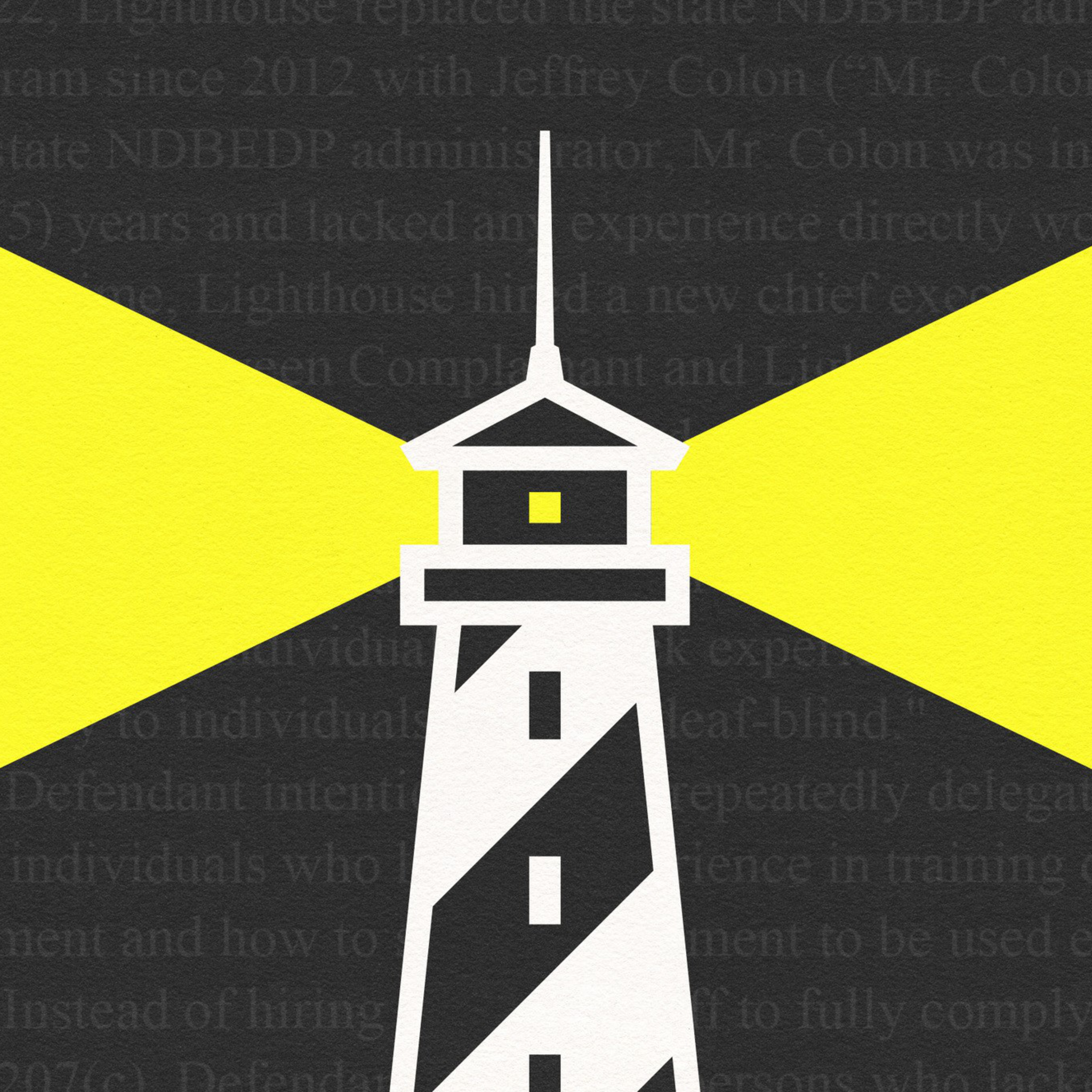 The image shows a stylized lighthouse on a dark background, emitting two bright yellow beams of light in opposite directions. Text is faintly visible behind.