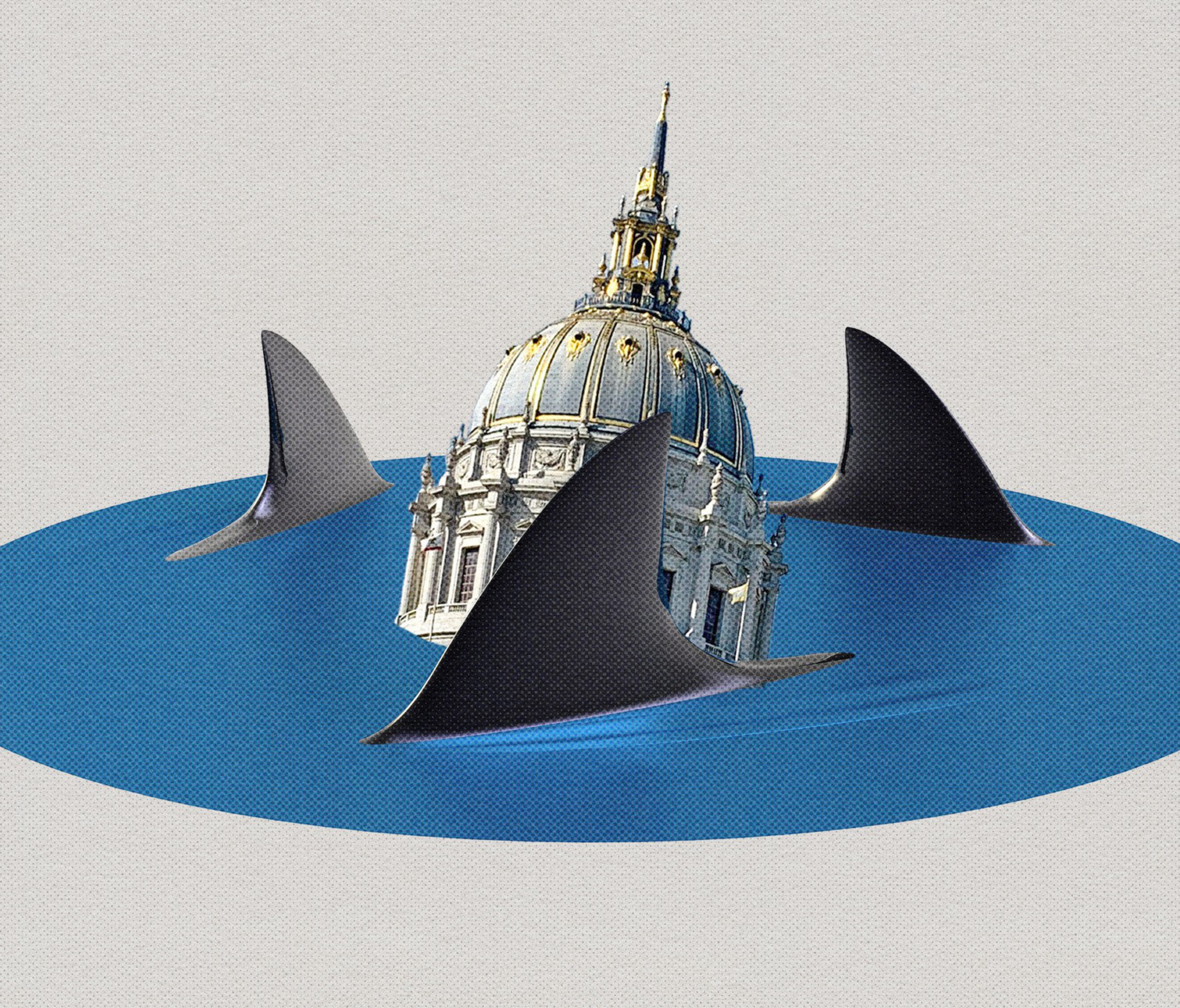 A domed building partially submerged in blue water is surrounded by three large shark fins.