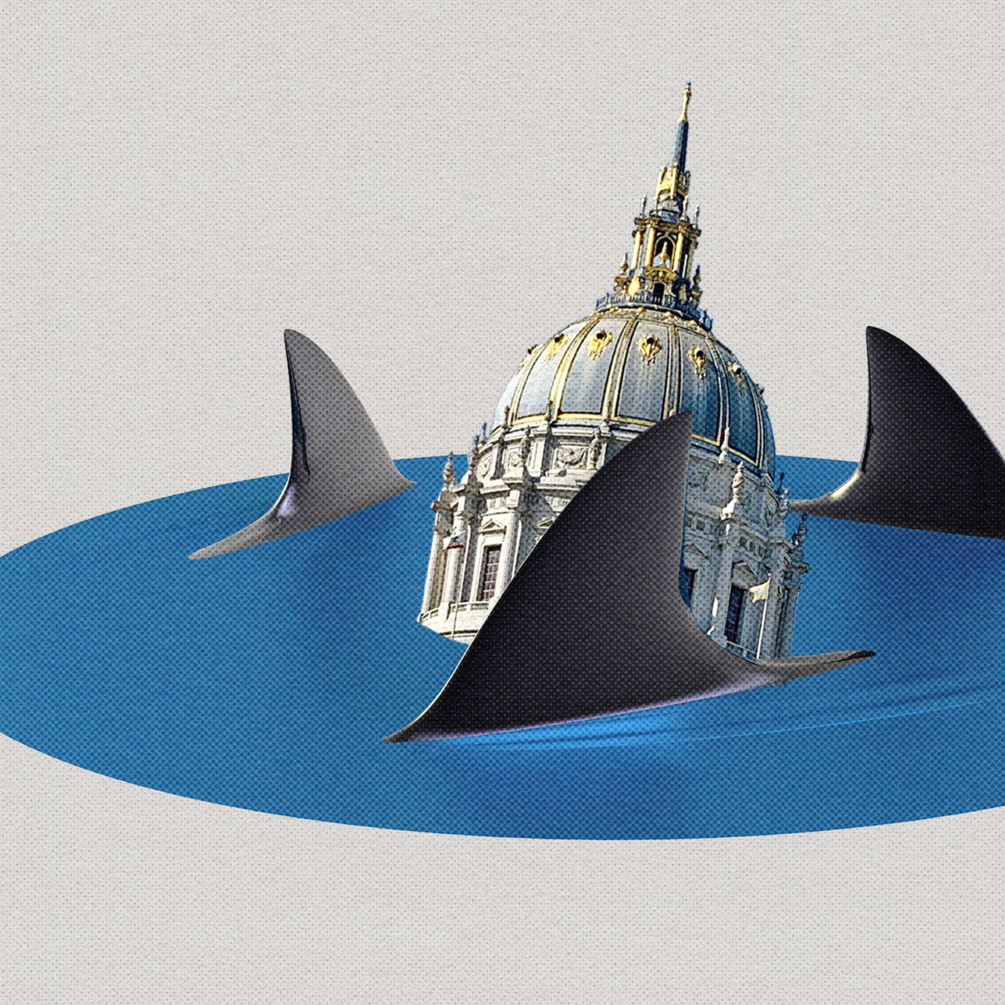 A domed building partially submerged in blue water is surrounded by three large shark fins.