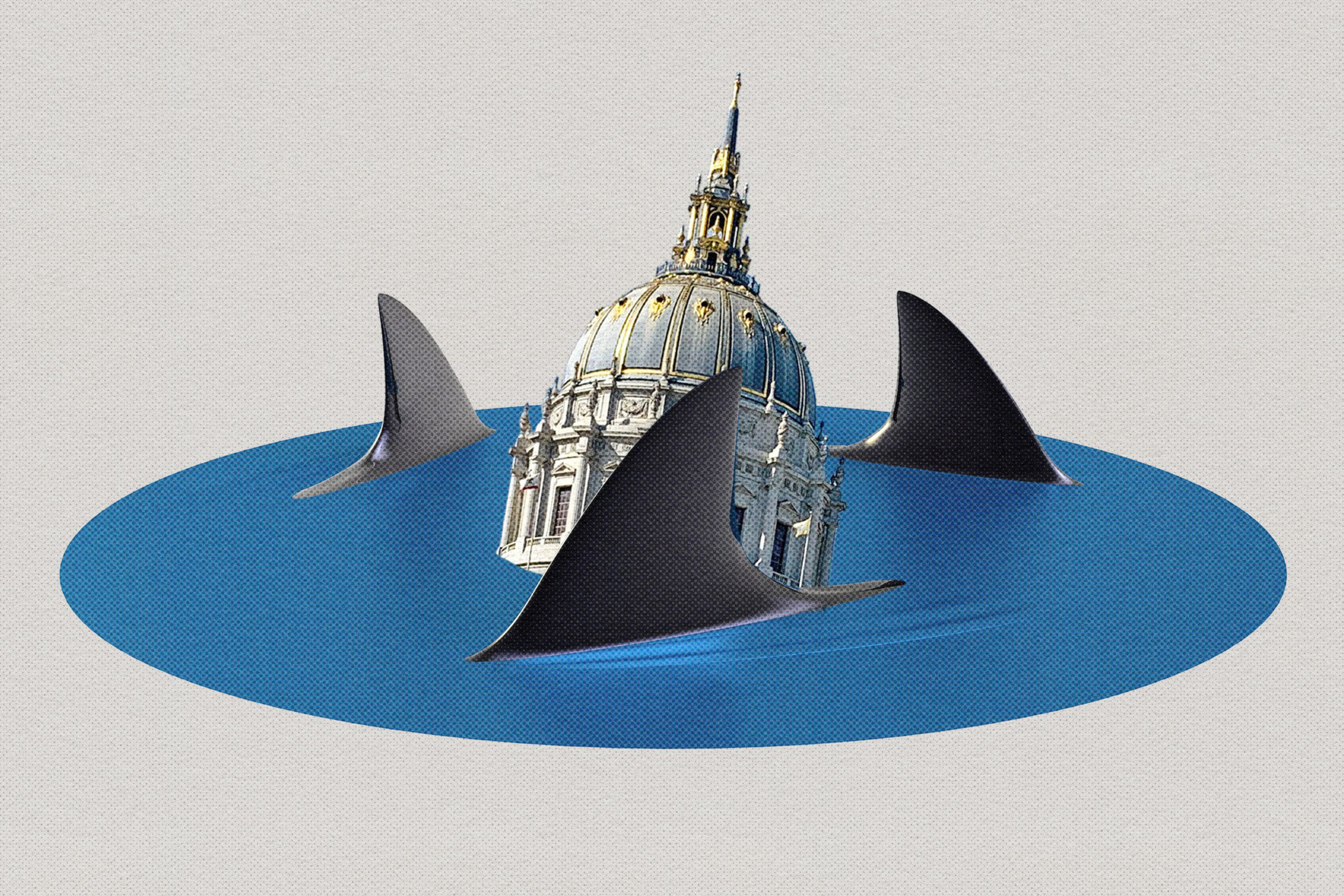 A domed building partially submerged in blue water is surrounded by three large shark fins.