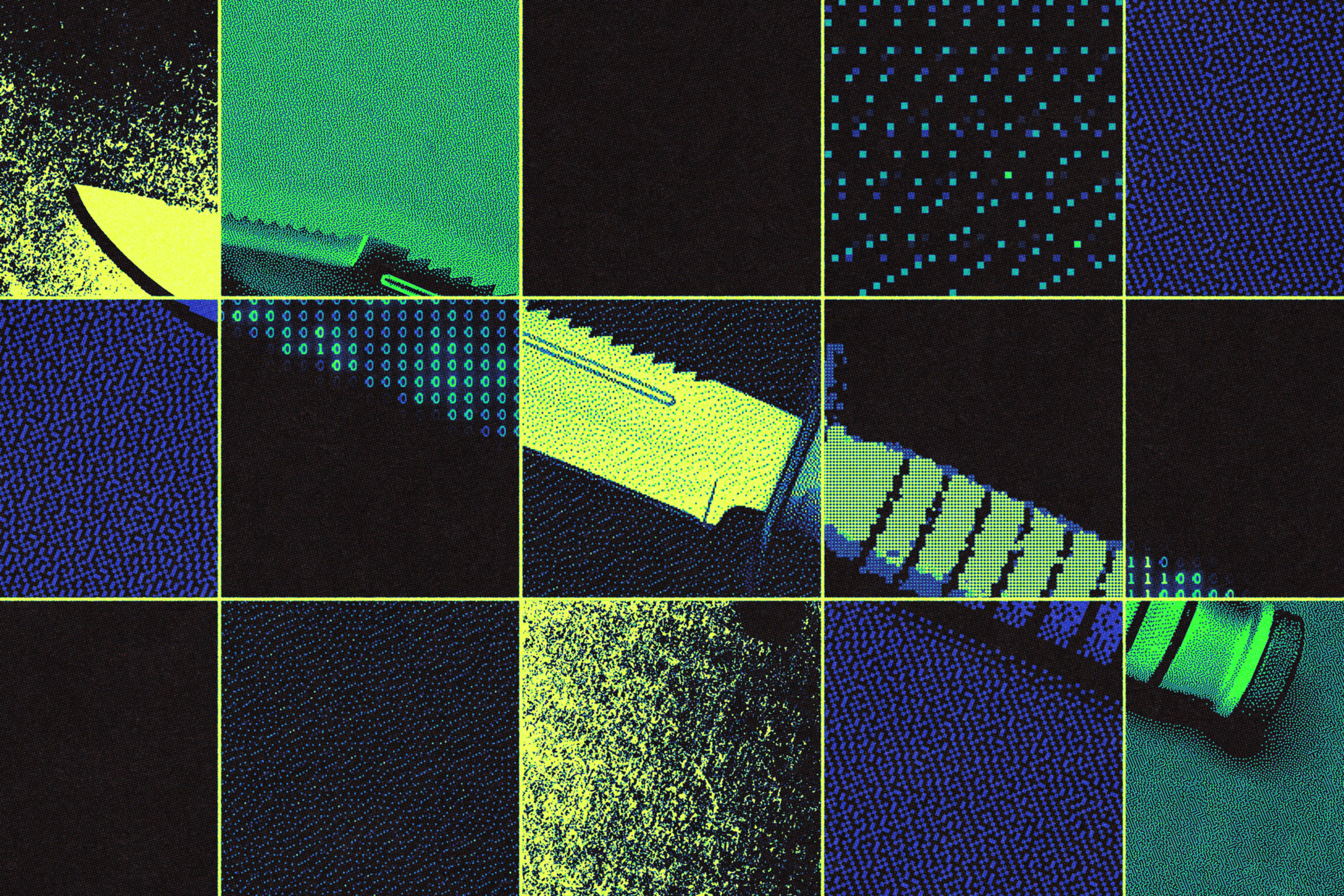 A serrated knife with a striped handle is segmented across 15 grid squares with neon green and blue pixelated patterns.
