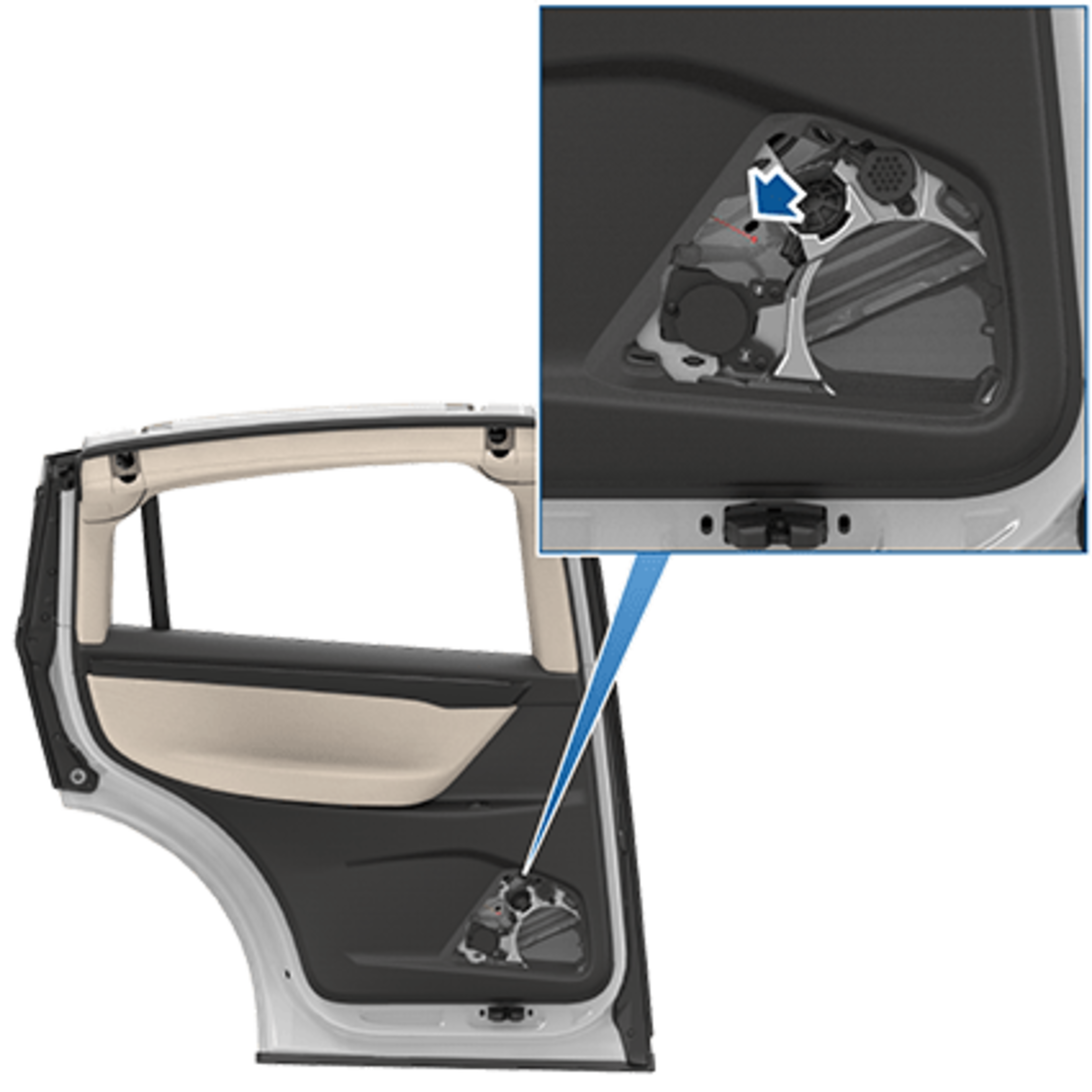 A car door panel is removed, showing the speaker mount area with a zoomed-in view highlighting a screw to be loosened or tightened inside.