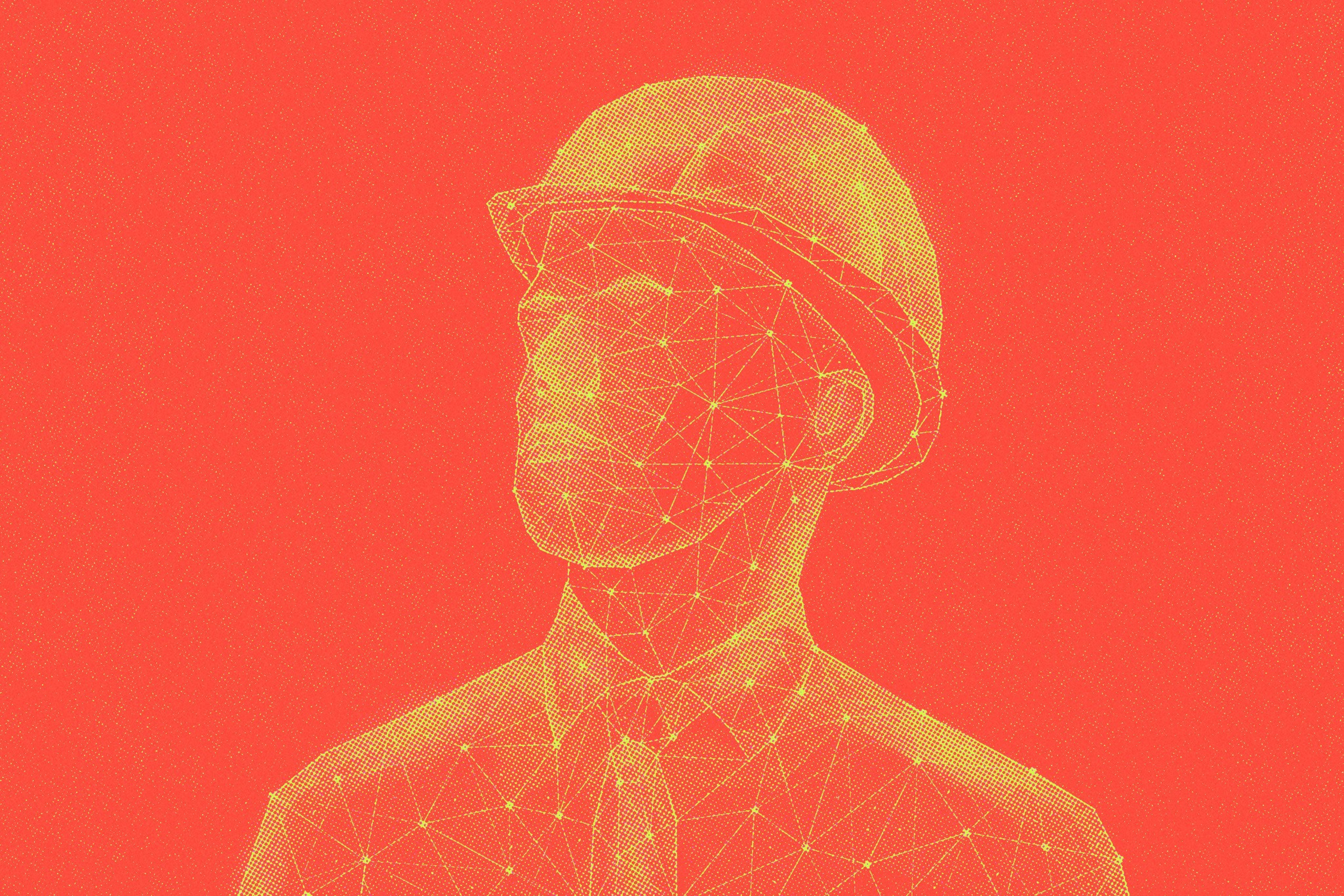 A yellow wireframe figure wearing a hard hat and tie, composed of connected dots and lines, stands against a solid red background.