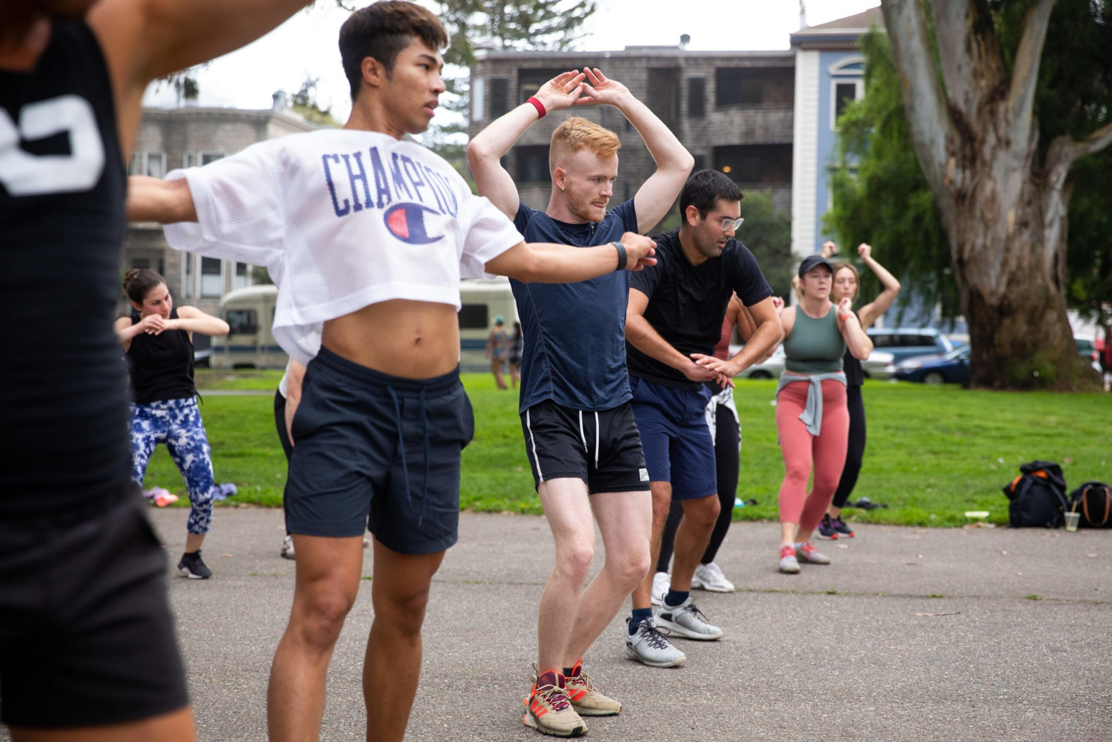 A group of people outdoors are practicing dance or exercise moves in a park, with focused expressions and various arm positions.