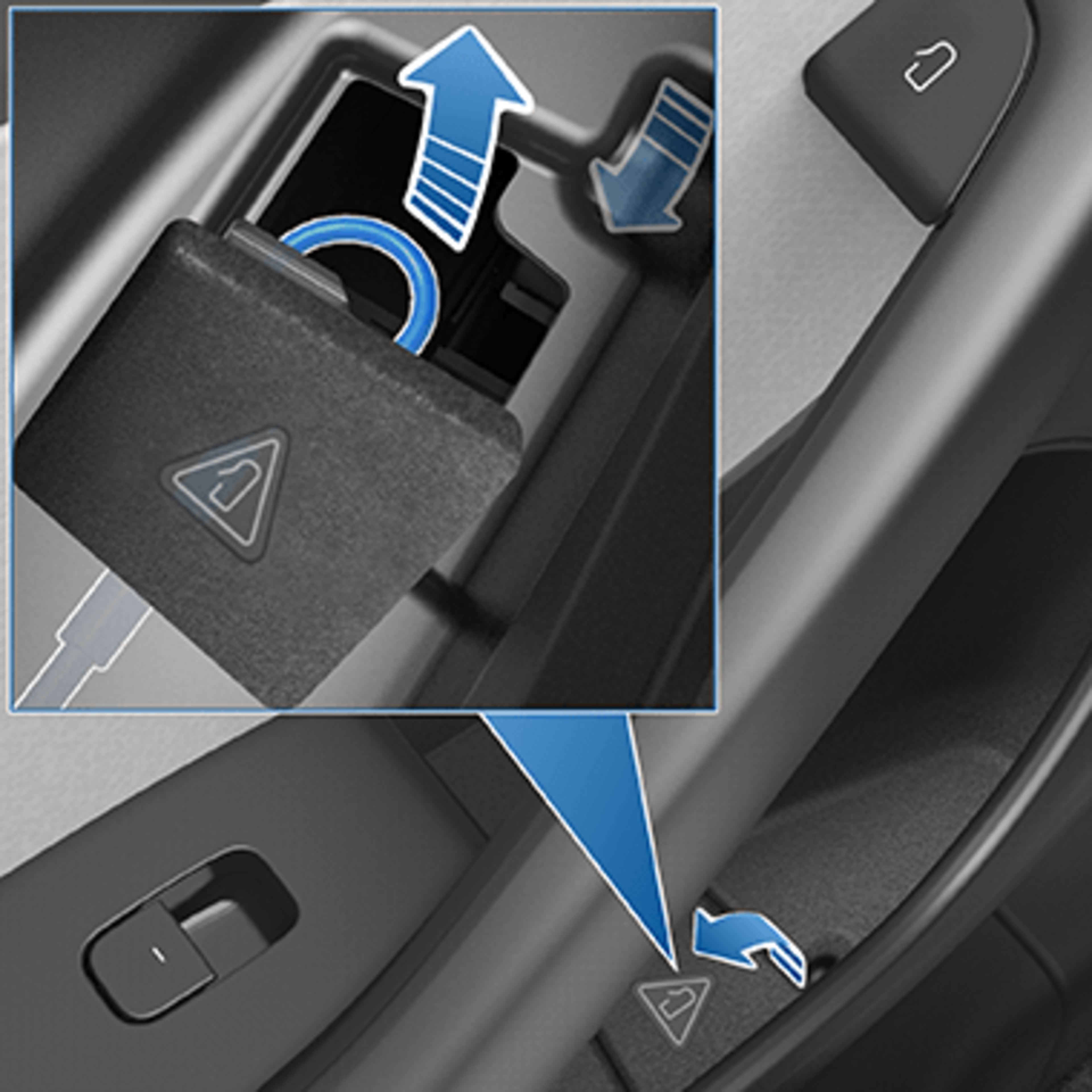 A car door’s child lock switch is shown, with instructions to push and lift a tab to activate or deactivate the child safety lock feature.
