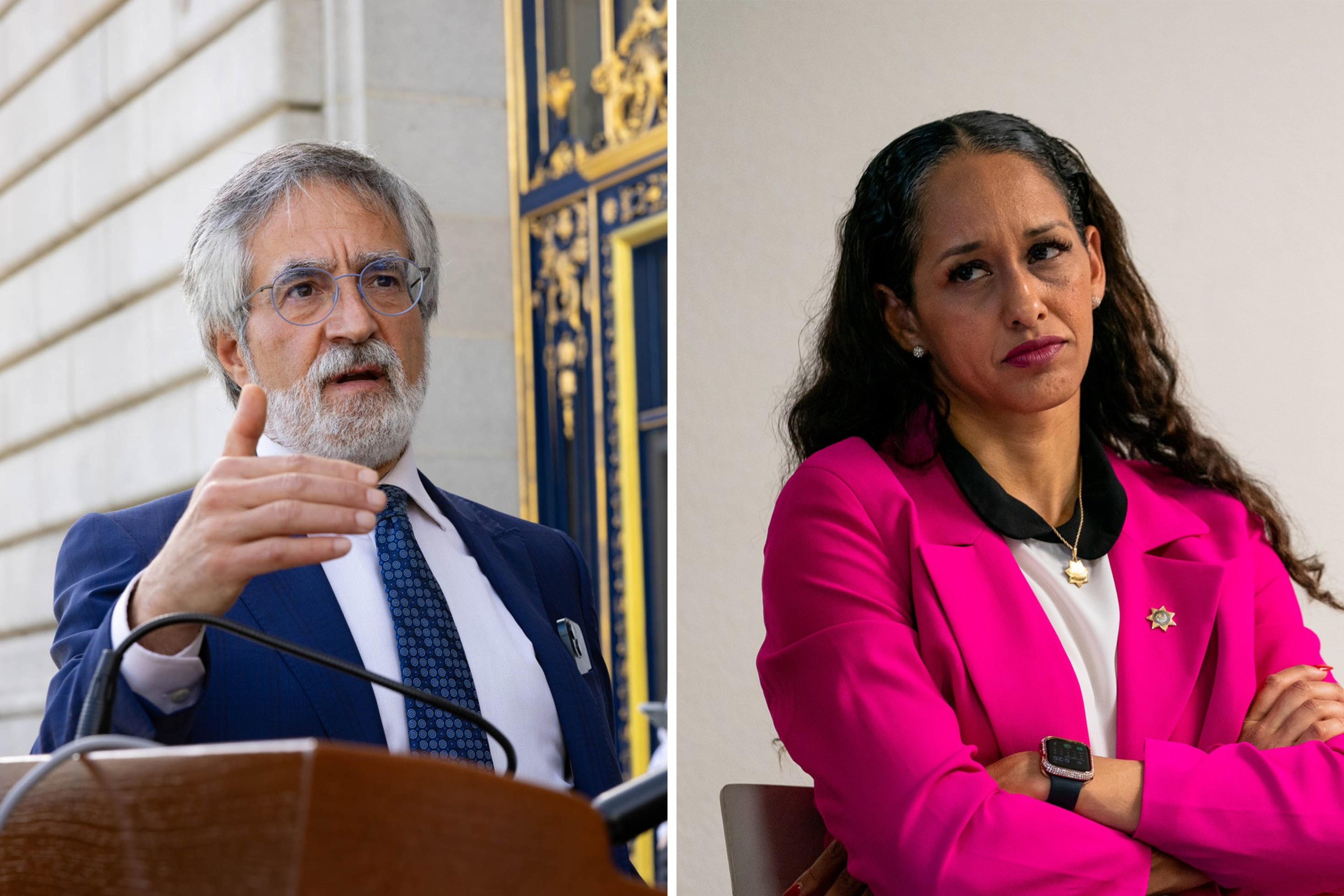 A man speaking at a podium on the left; a woman in a pink blazer, arms crossed, on the right. Both appear engaged in serious discussions.