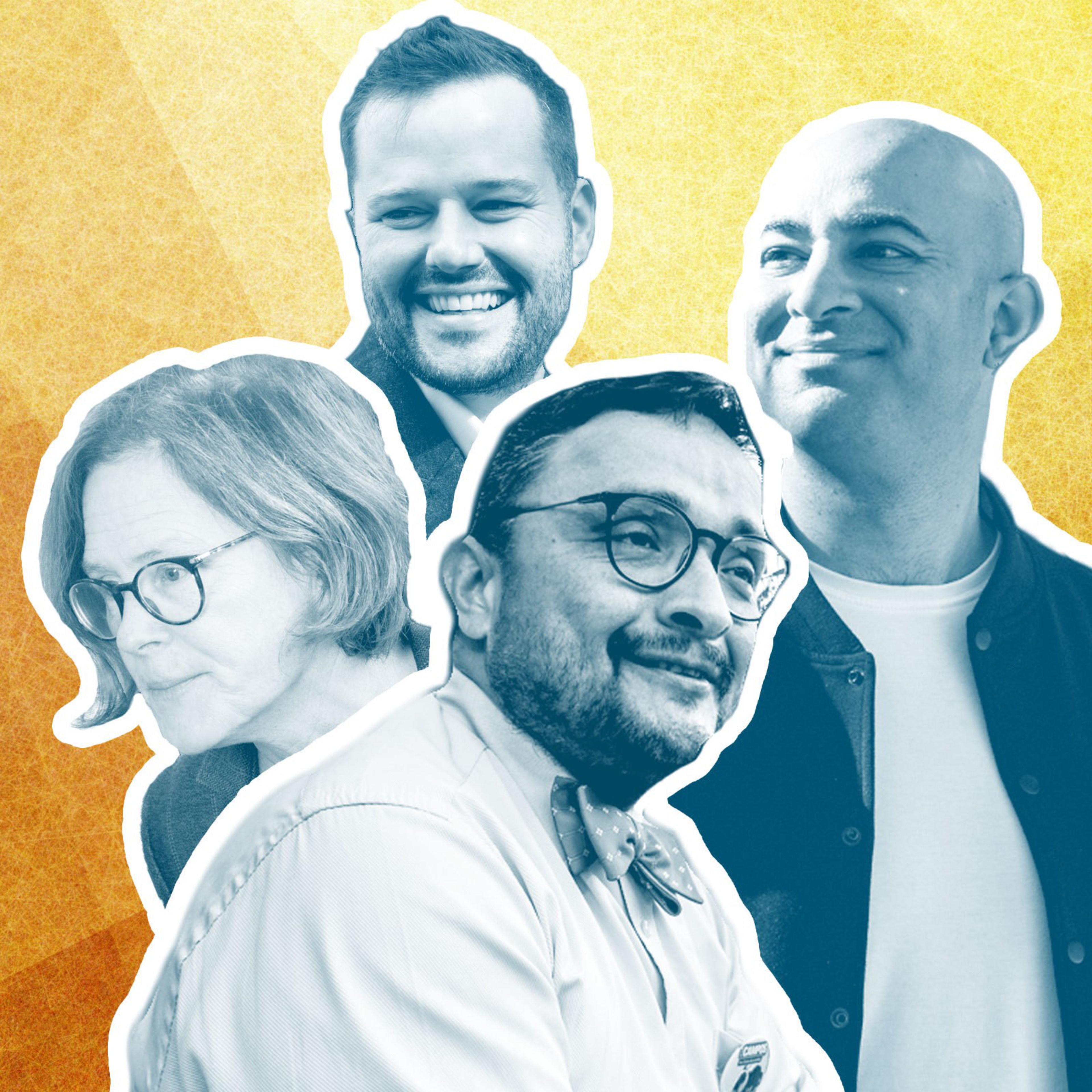Four diverse people in a collage style, smiling and looking in different directions against a warm yellow textured background.