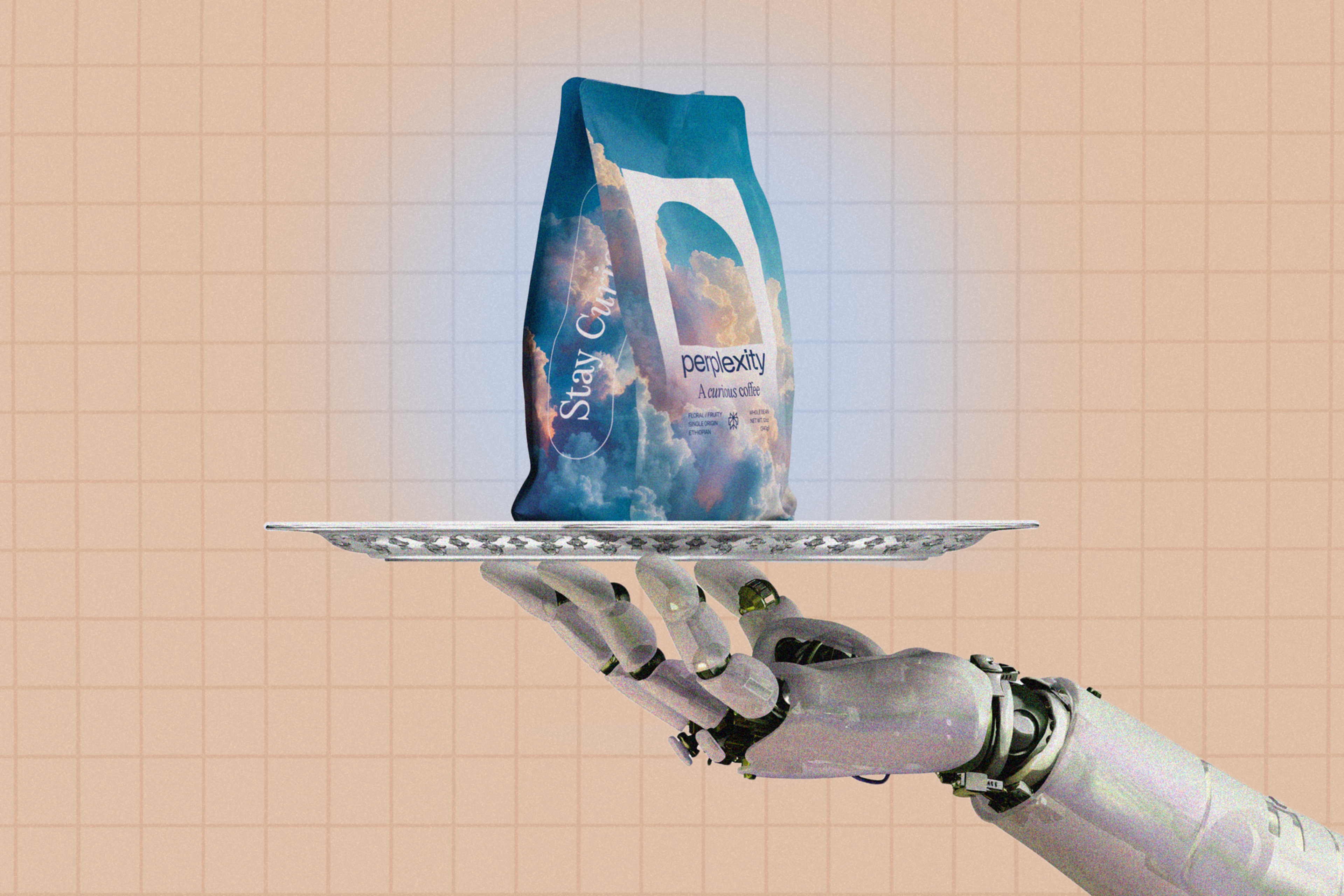 A robotic hand holds a silver tray with a blue coffee bag labeled “perplexity” featuring cloud imagery and the phrase “Stay Curious.”