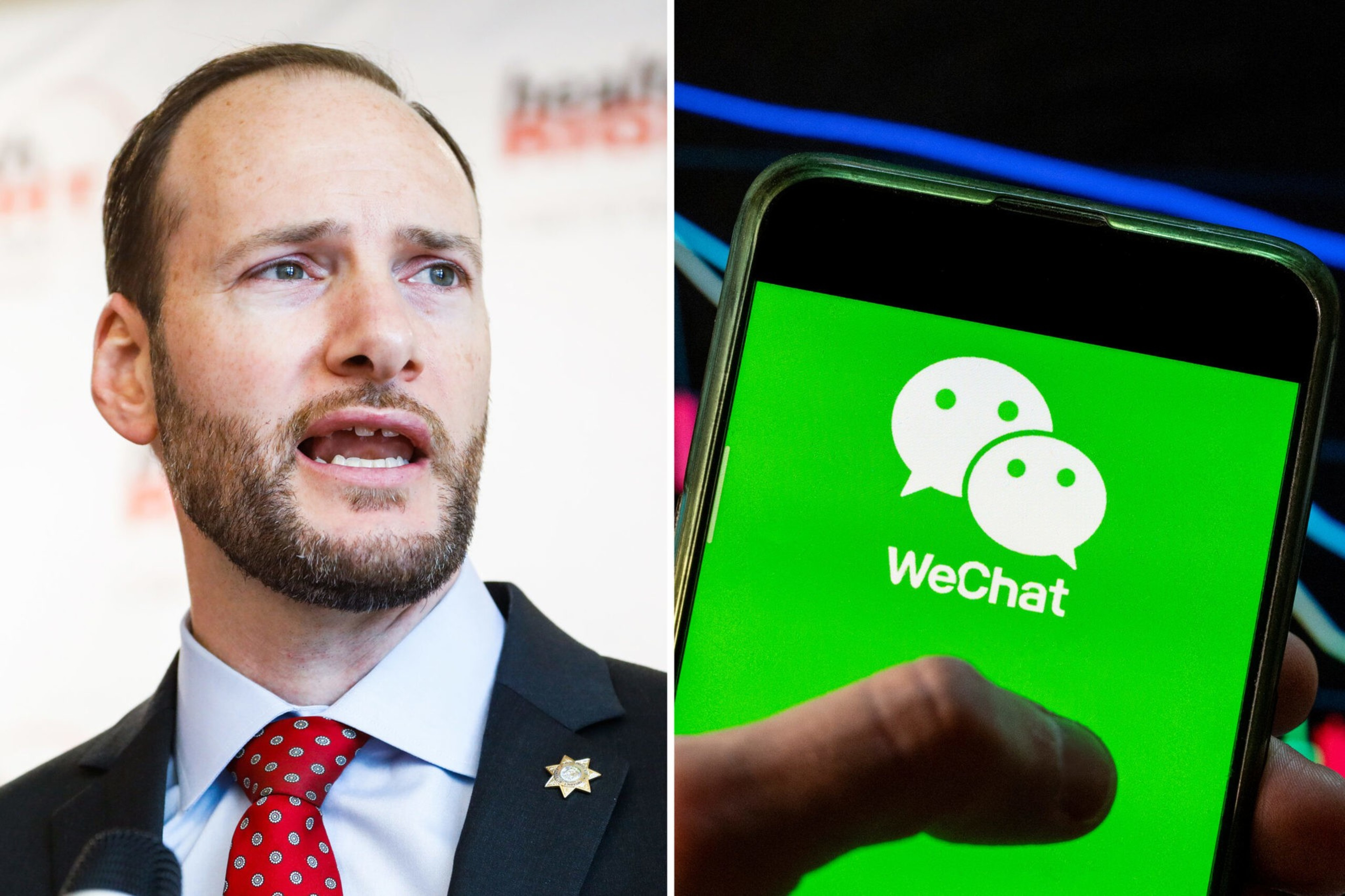 A man in a suit with a red polka dot tie speaks, next to a close-up of a phone screen showing the green WeChat app logo.