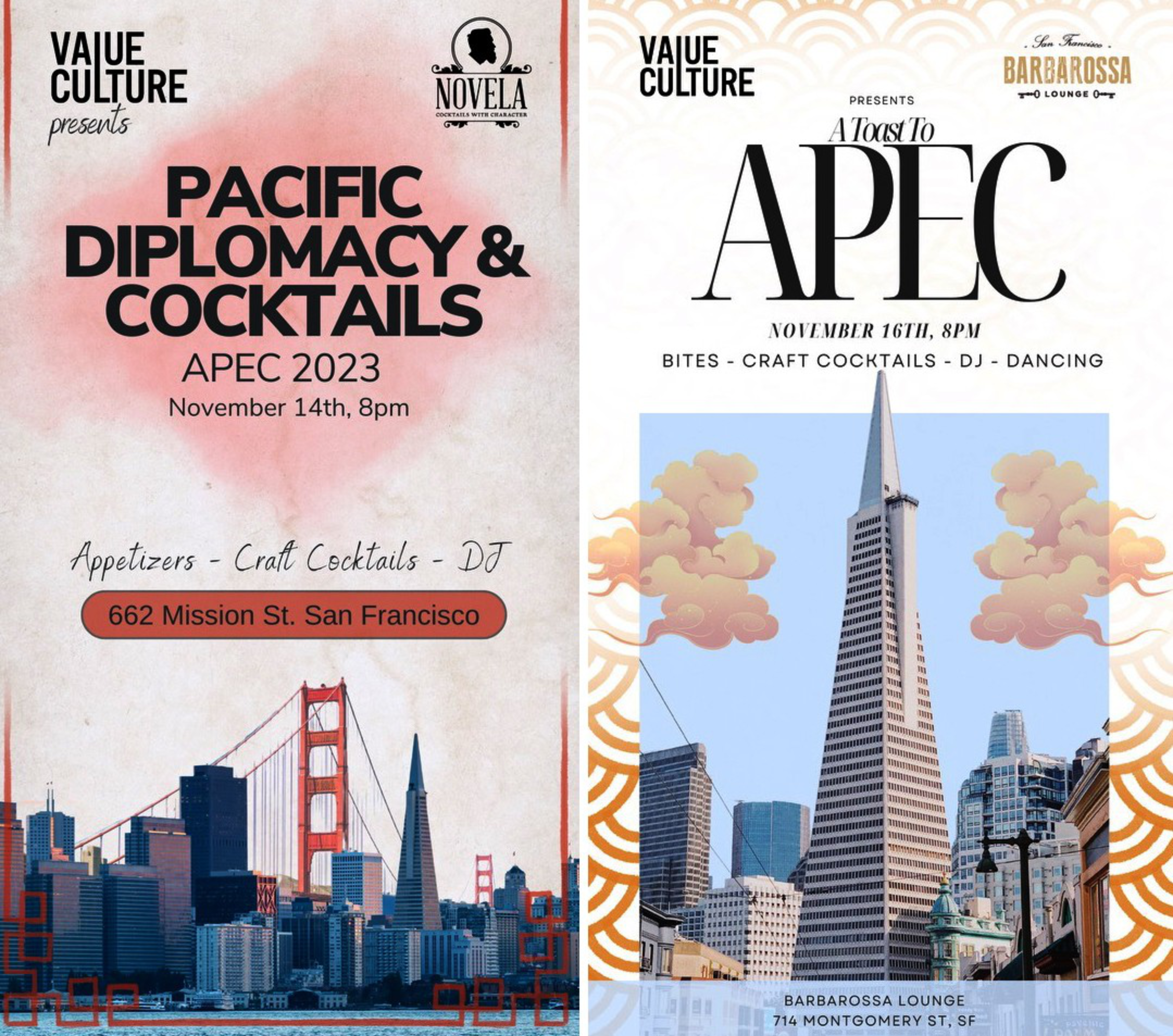 two flyers side by side, on the left is a skyline of San Francisco on the right is the Transamerica Pyramid.