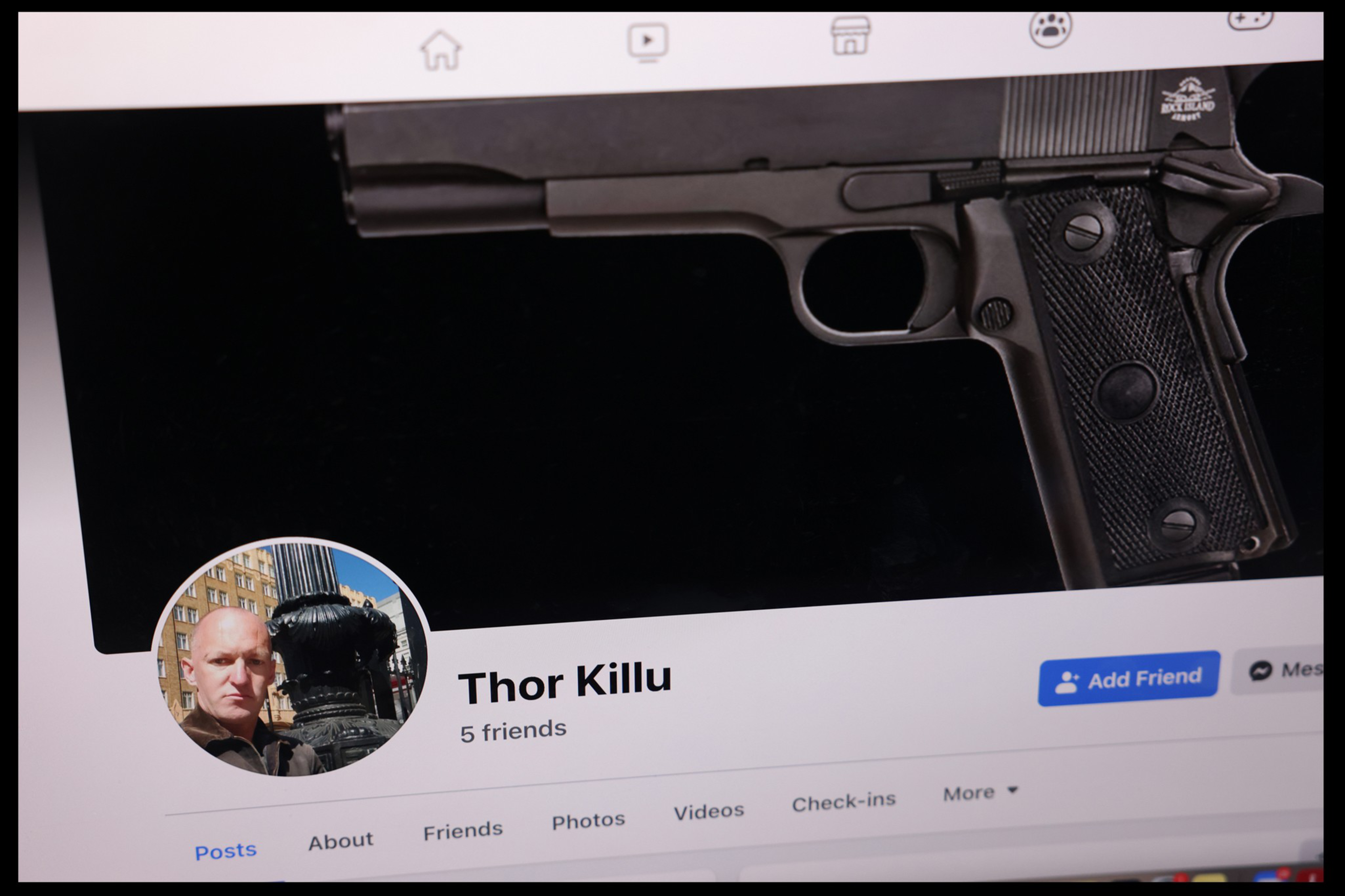 Profile page of user Thor Killu with 5 friends, a profile photo of a bald man outdoors, and a cover photo of a handgun.
