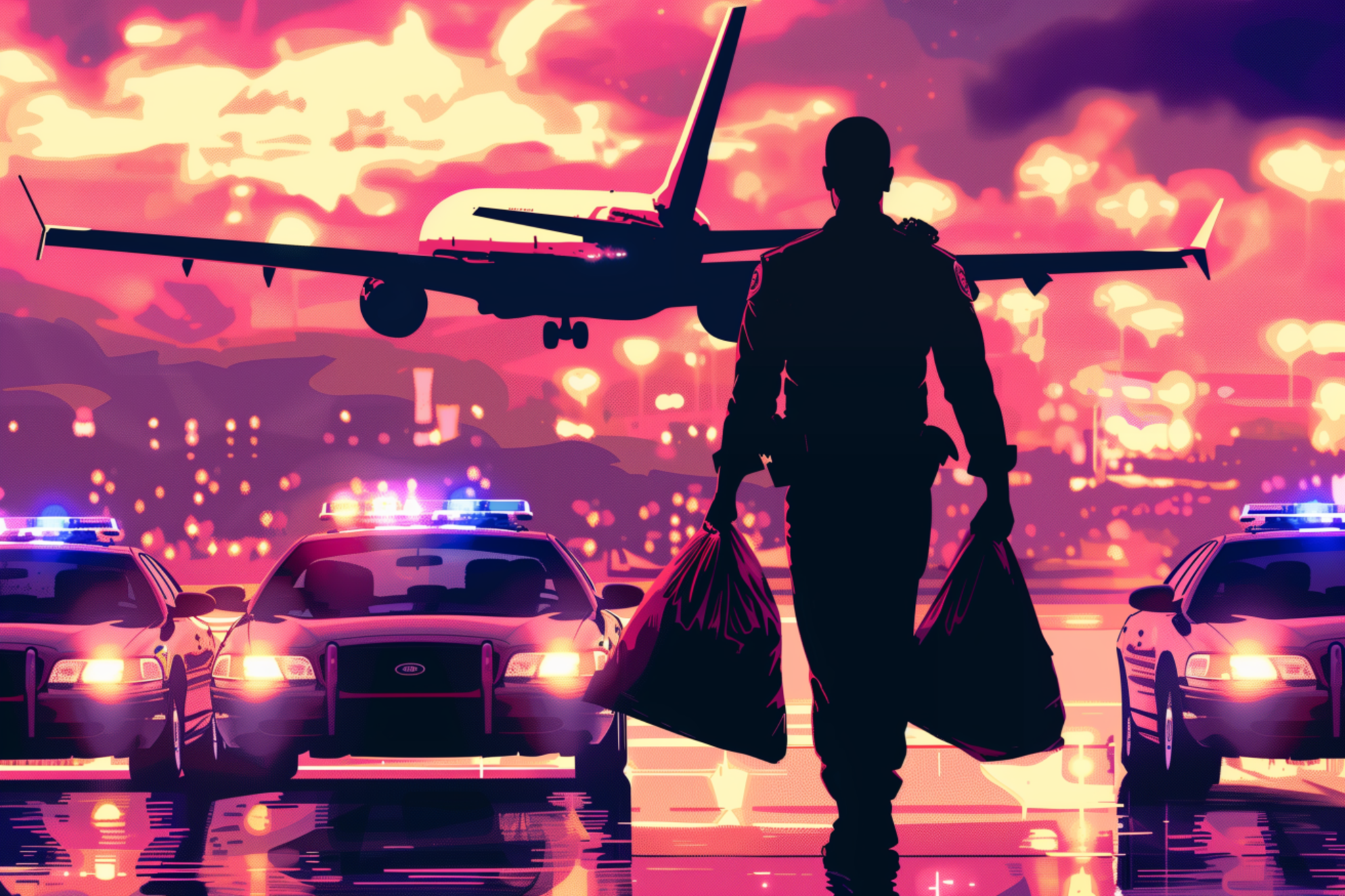 A silhouette of a person holding bags walks towards police cars with flashing lights on a runway, while a plane takes off against a vibrant, colorful sky.