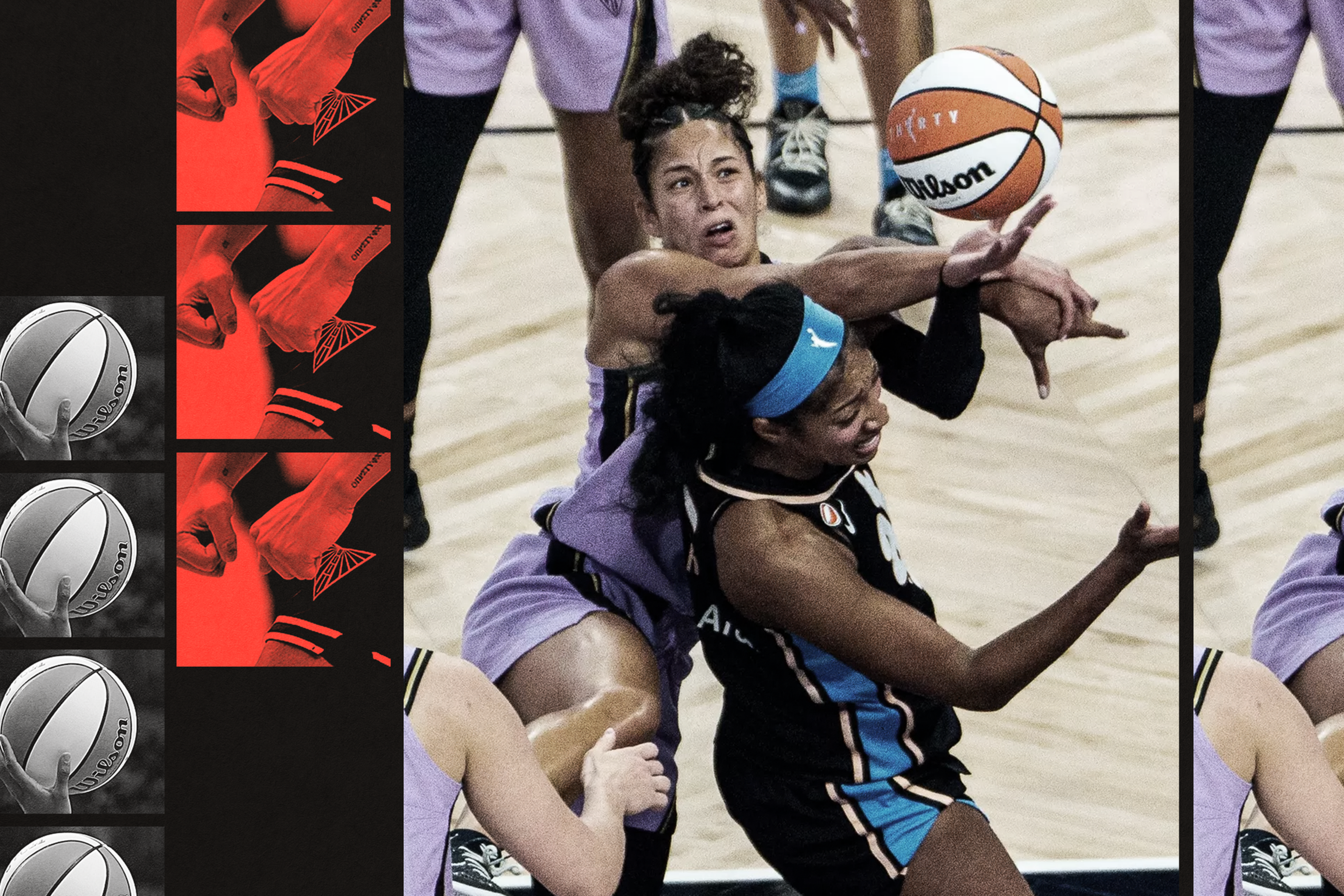 Two female basketball players aggressively reaching for a ball mid-air during a game, one in a black uniform and the other in purple, both showing intense effor