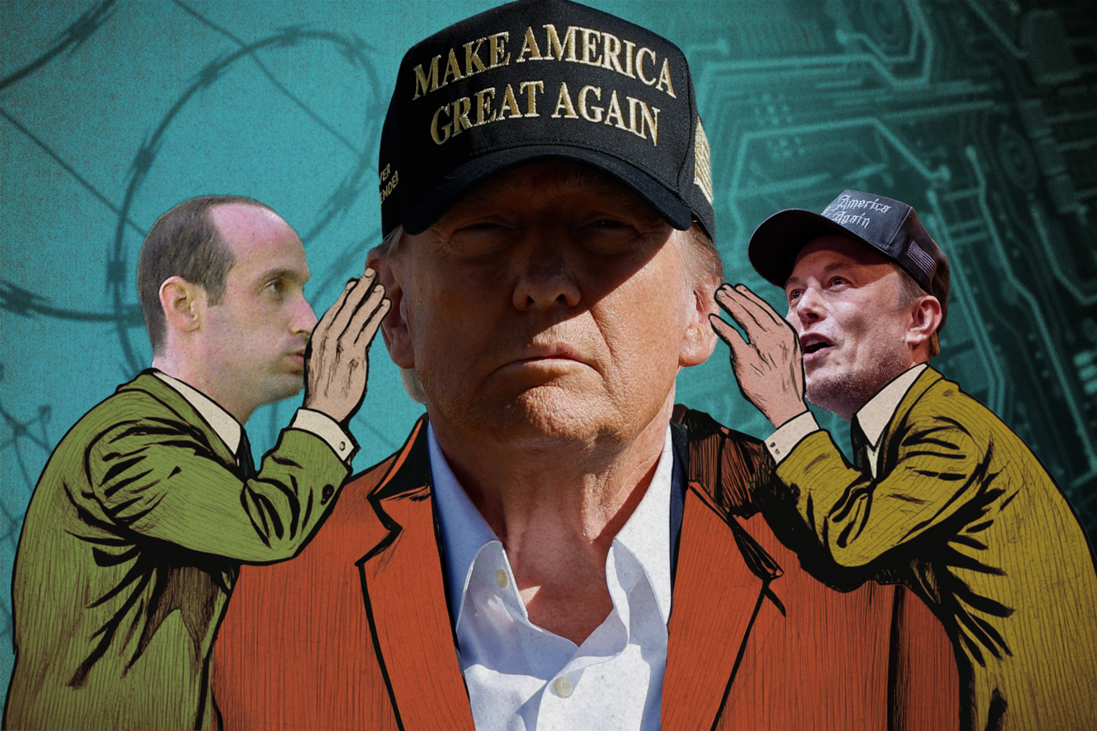 A central figure in a "Make America Great Again" hat stands between two men whispering in cartoon style, set against a teal background with abstract patterns.