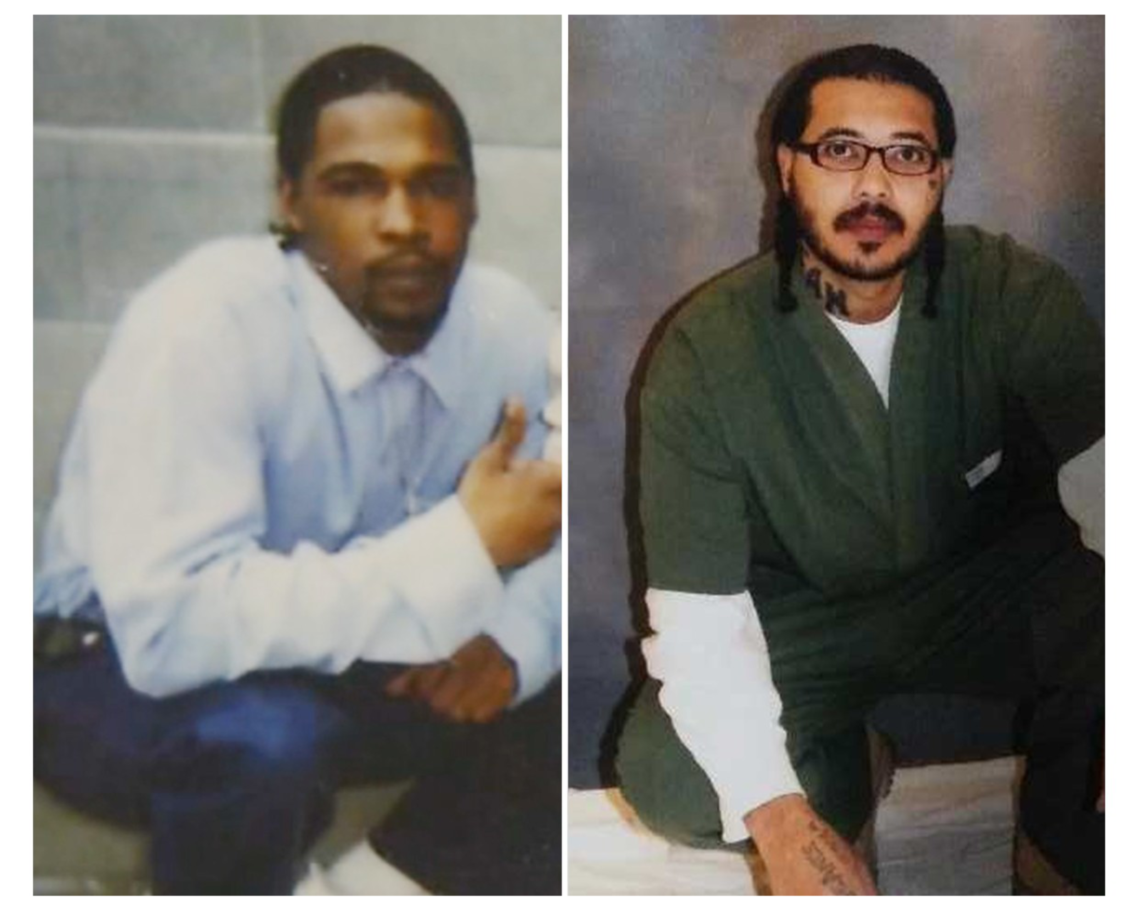The image features two men in separate photos. The man on the left wears a light blue shirt and blue jeans, while the man on the right wears glasses and a green uniform, squatting.