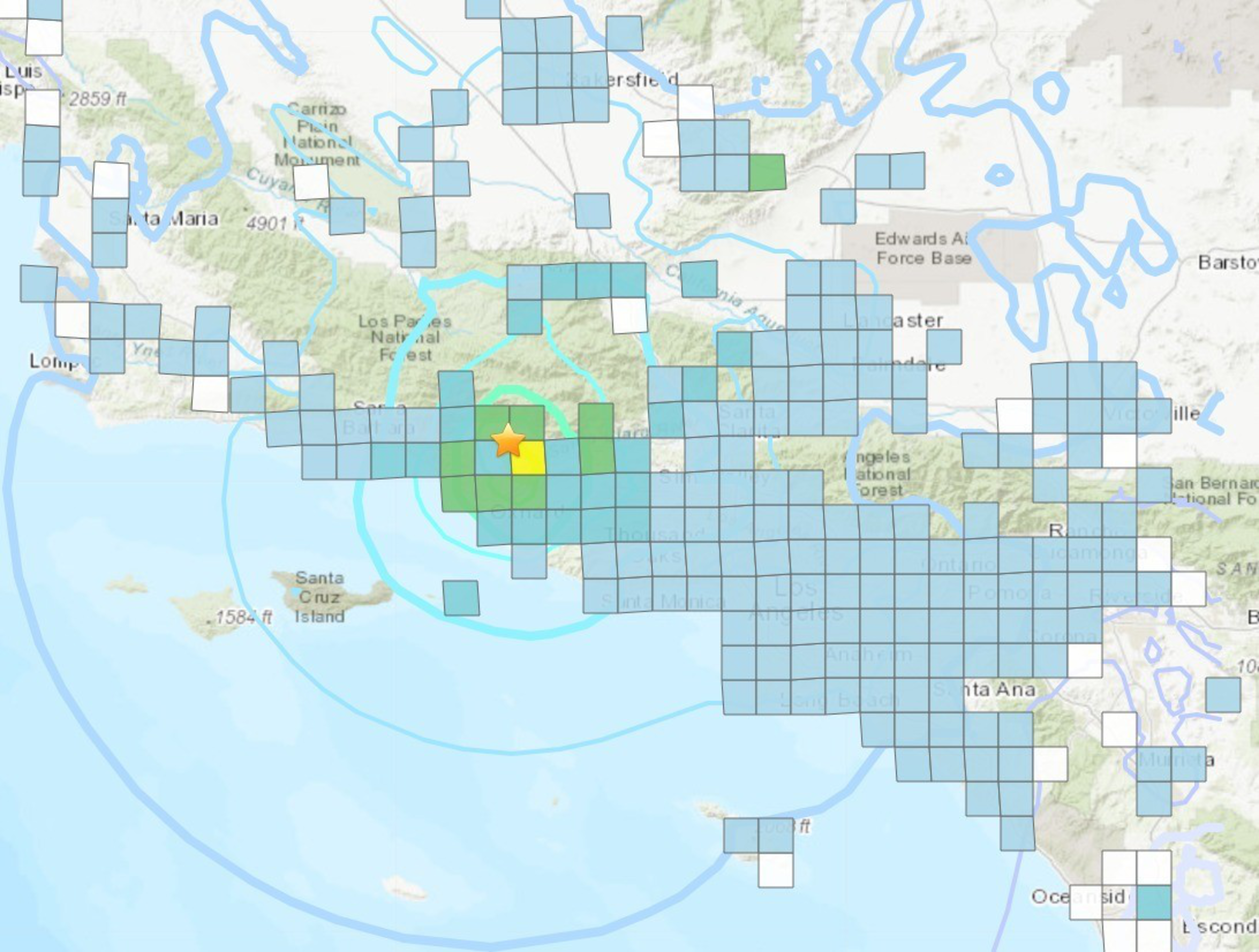 A United States Geological survey â€œDid You Feel It?â€ map captures citizen responses to a 5.1 magnitude earthquake Sunday, just outside Ojai in Ventura County that rattled millions of Southern Californians already on edge due to expected flooding and mudsli