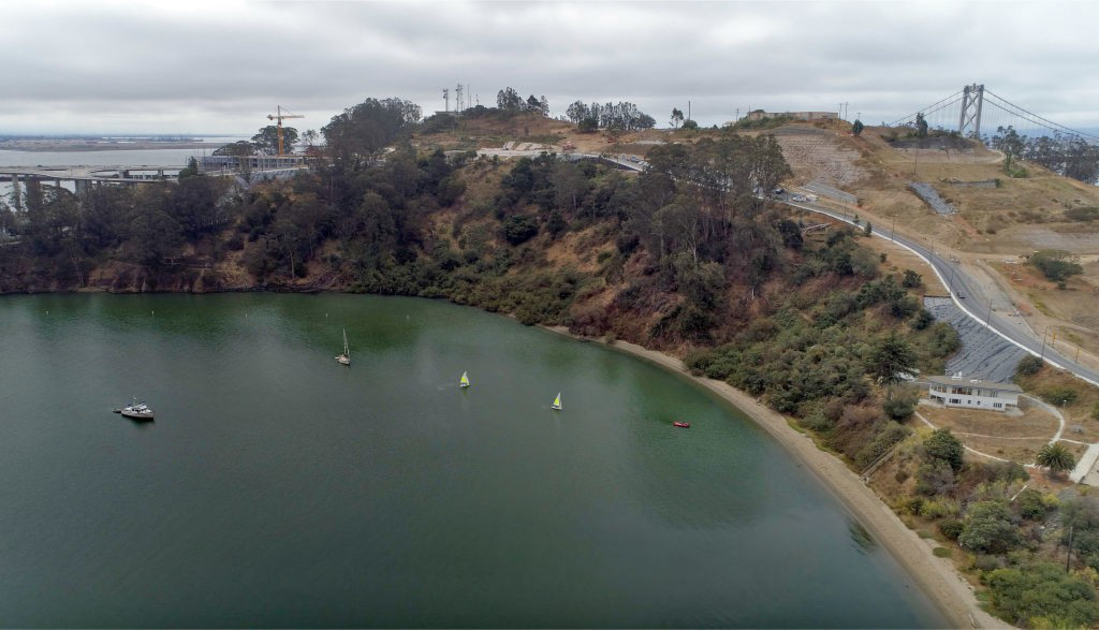 An aerial photo shows an island.