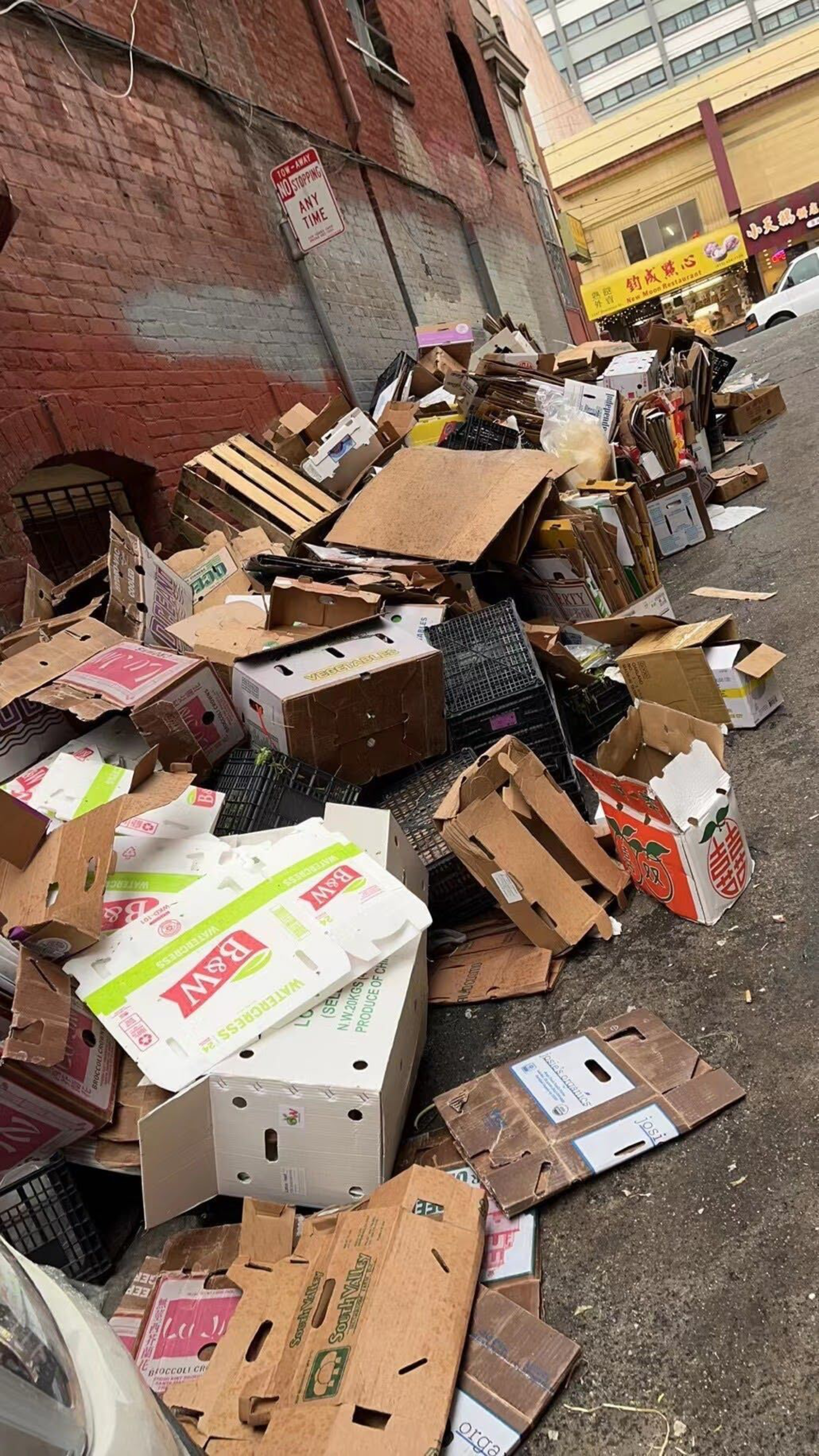 A large pile of discarded cardboard boxes and crates is stacked along a brick wall in an alley, near a "No Parking Anytime" sign.