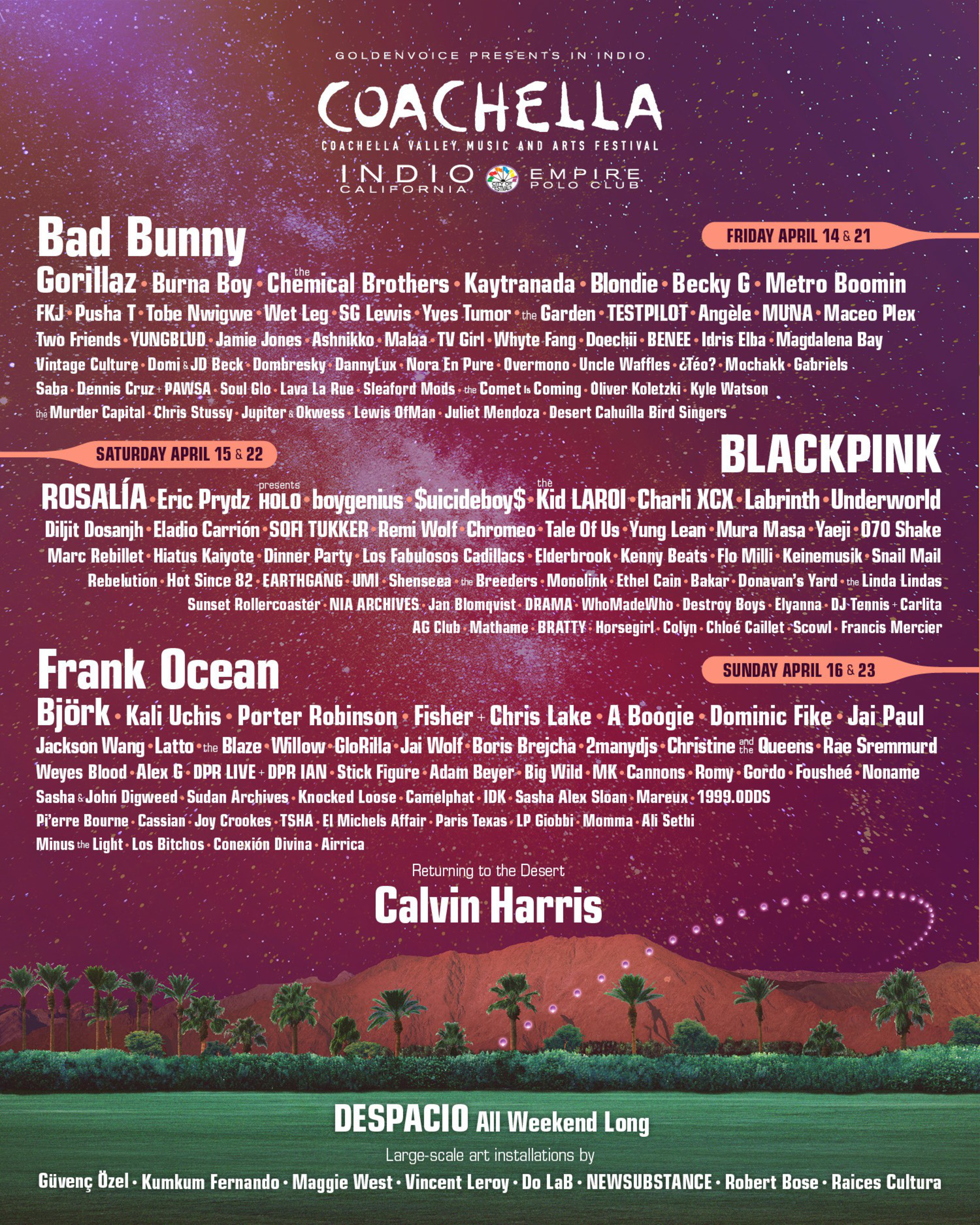 Coachella 2023 lineup featuring Bad Bunny, Gorillaz, Blackpink, Frank Ocean, Calvin Harris, Rosalía, and many artists across April 14-16 & 21-23.