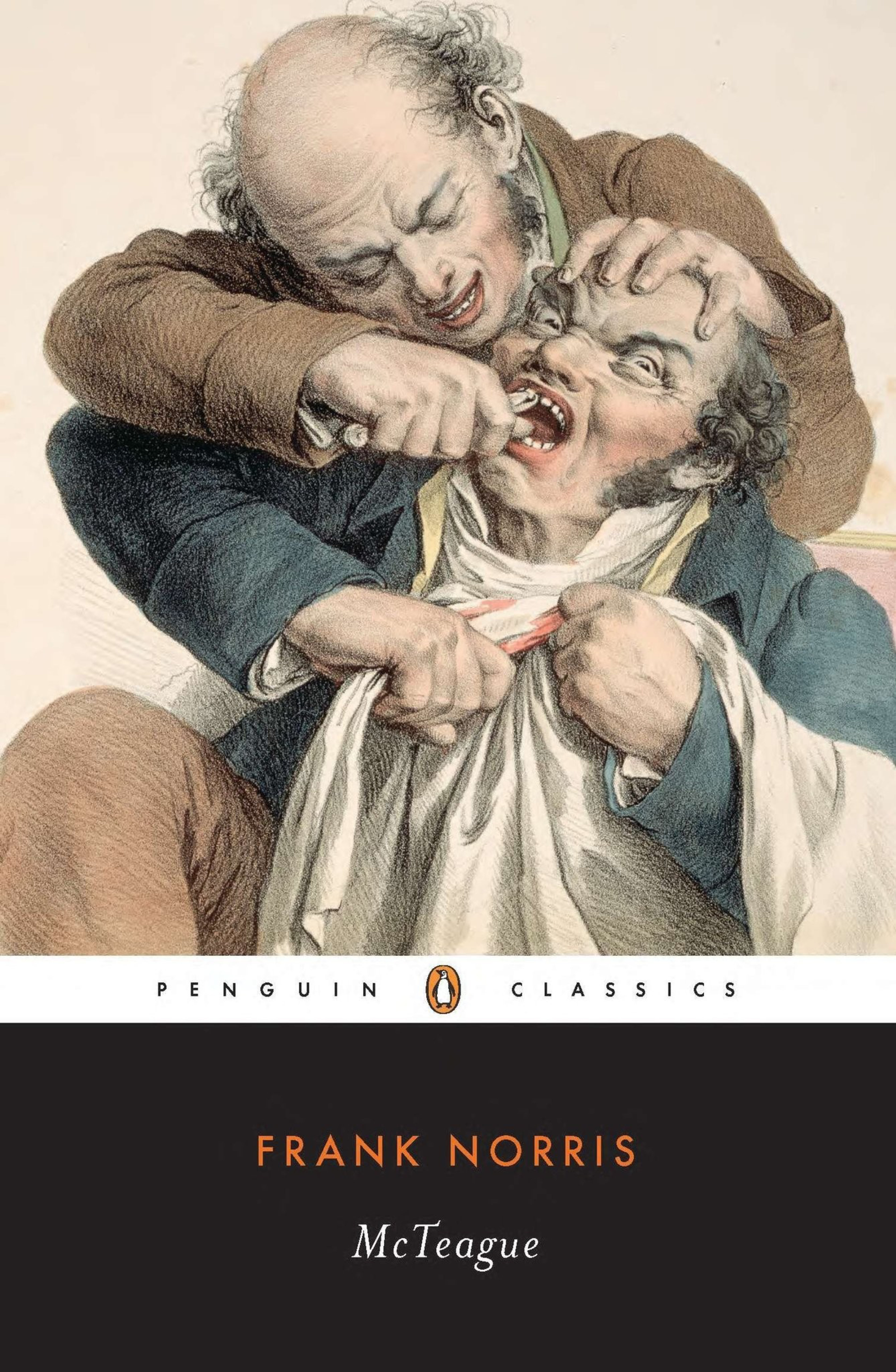 An older man forcibly pulls a younger man's mouth open and examines his teeth while the younger man struggles, gripping a cloth in defense.