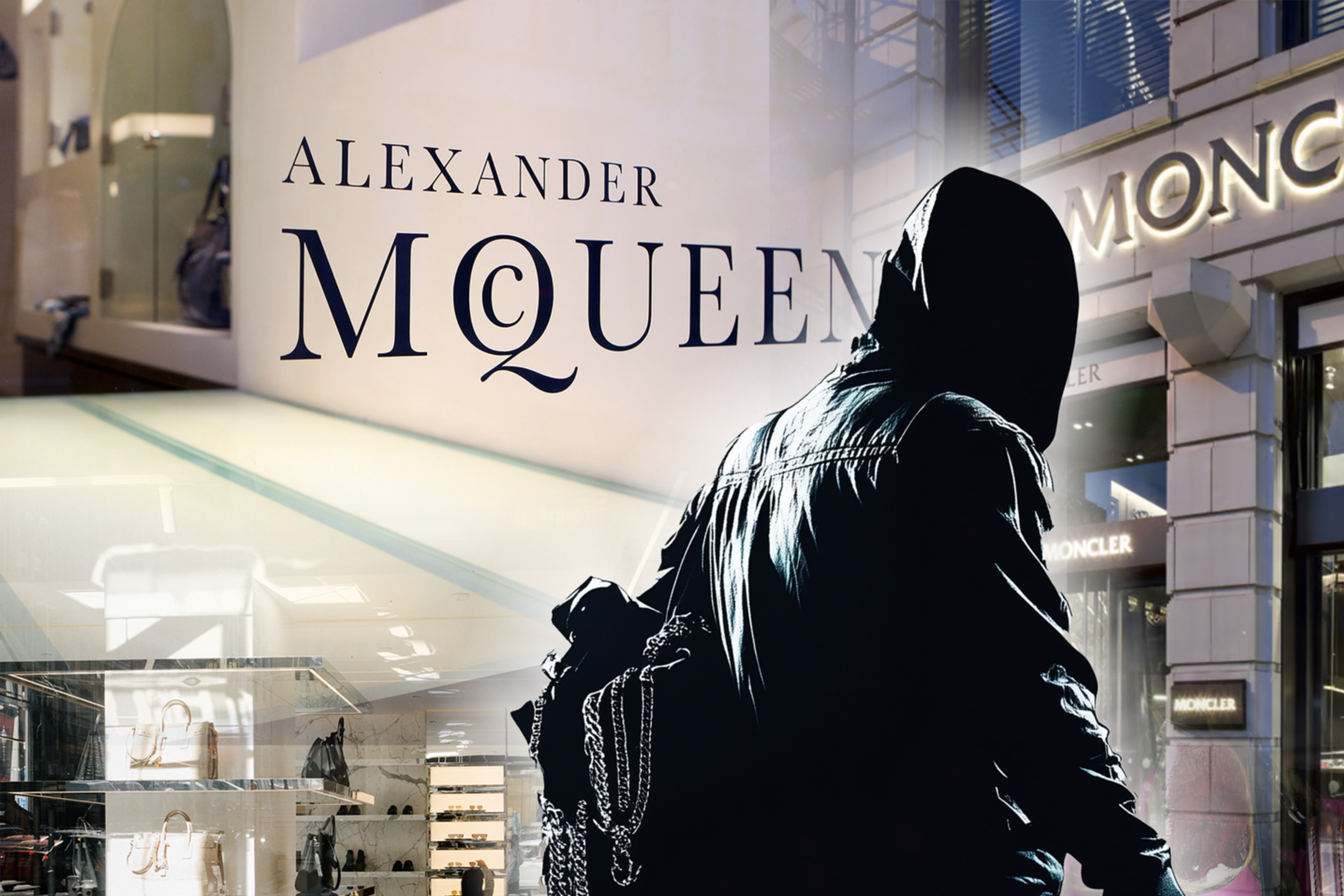 The image features a hooded person silhouetted against luxury brand stores, including Alexander McQueen and Moncler. It's a stylized, shopping-themed composition.