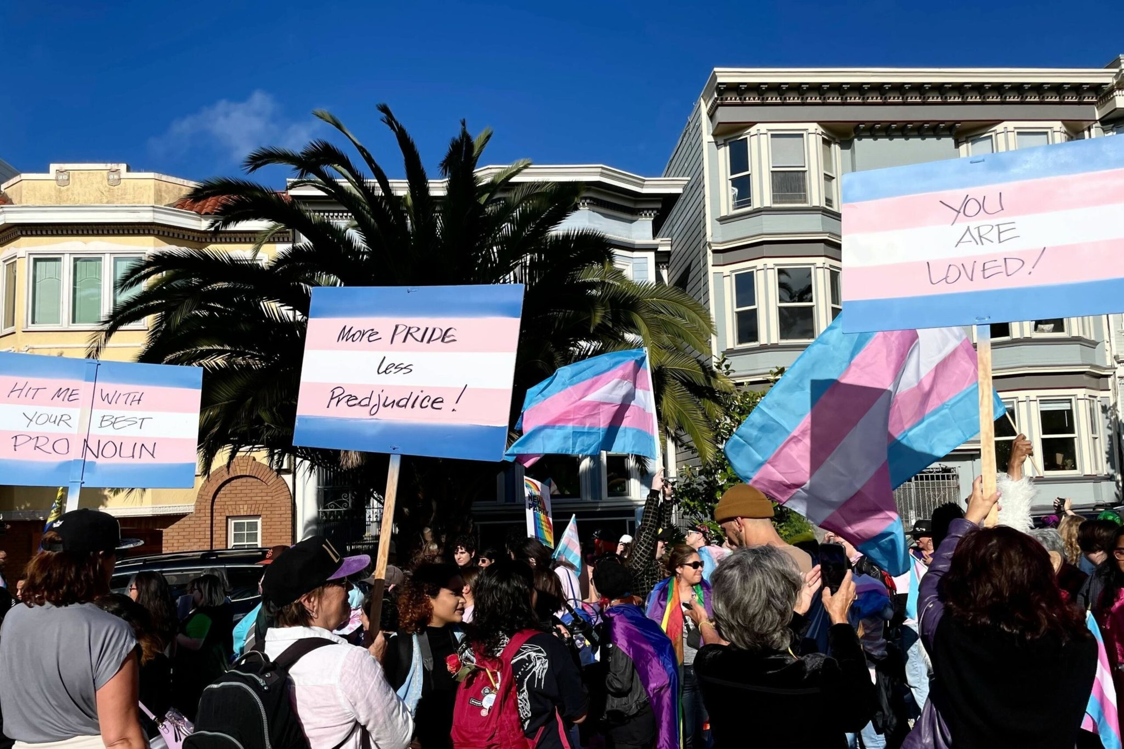 People gather outdoors holding transgender pride flags and signs that say "More PRIDE less Prejudice!", "YOU ARE LOVED!", and "Hit me with your best PRONOUN."