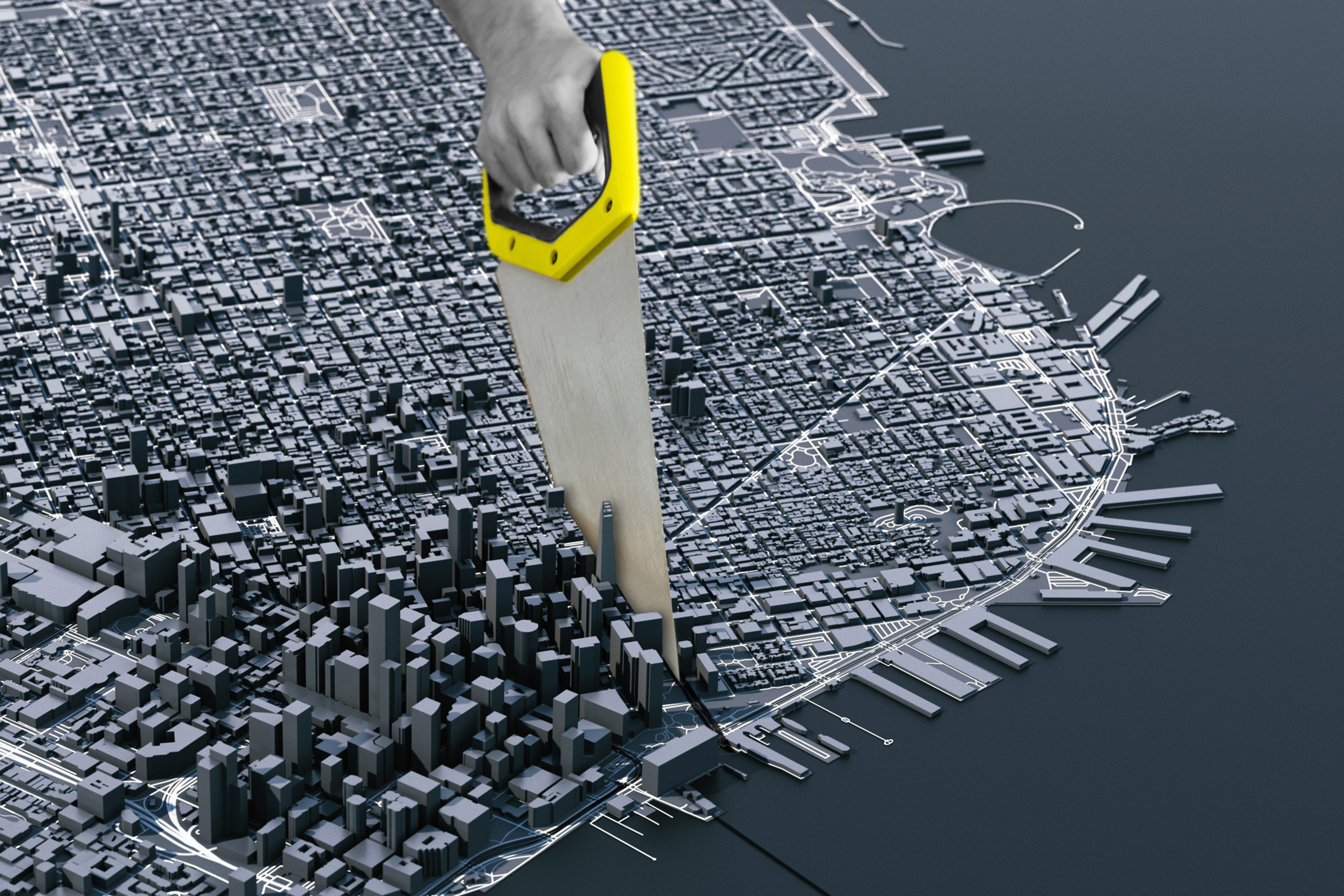 Overhead photo of San Francisco being sawed in half