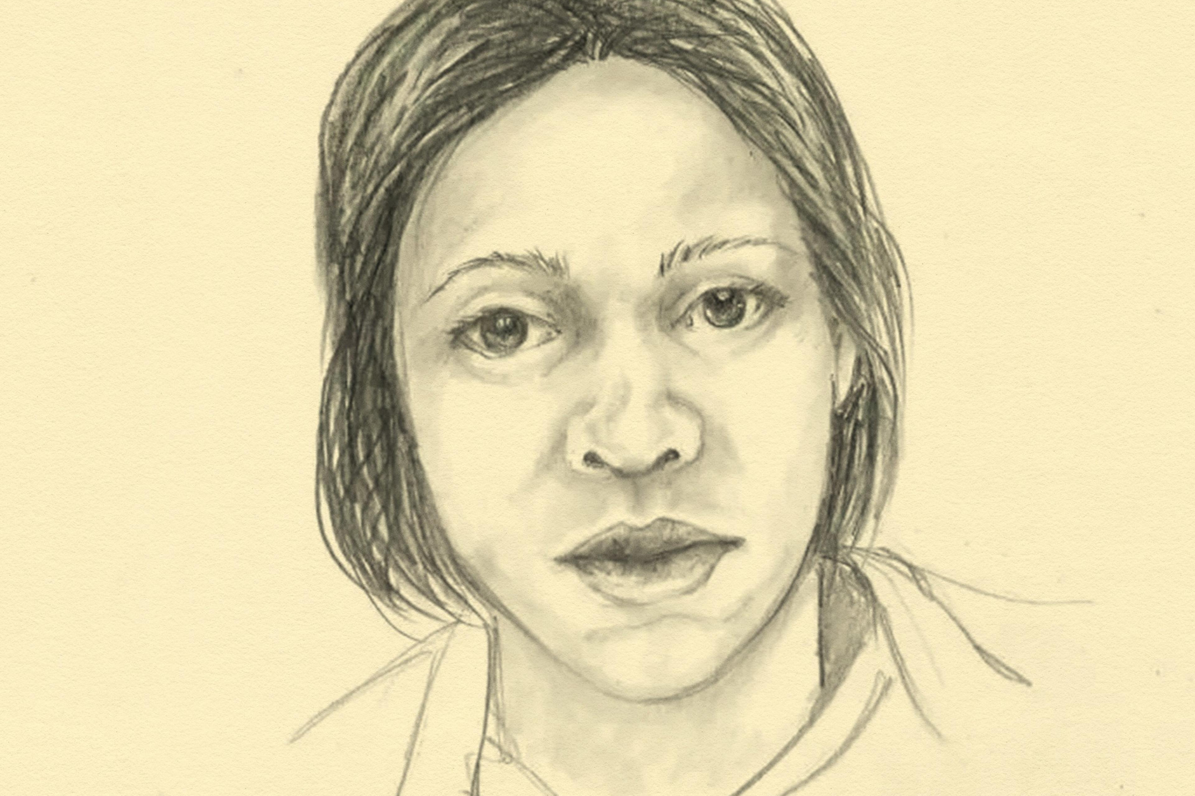 This is a pencil sketch of a person with straight hair and a neutral expression, looking directly forward. The drawing captures detailed facial features.