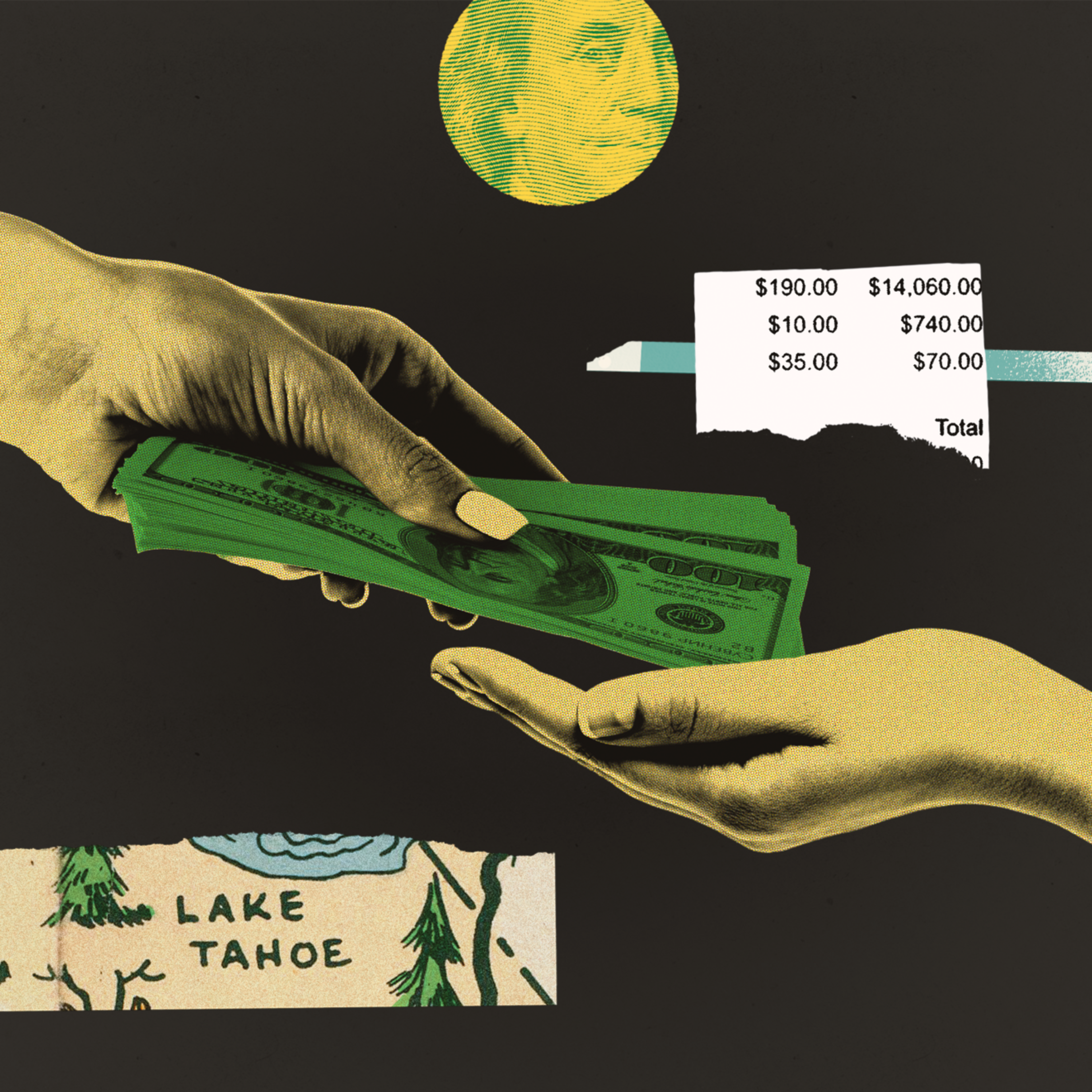 A photo collage of a hand giving another hand money