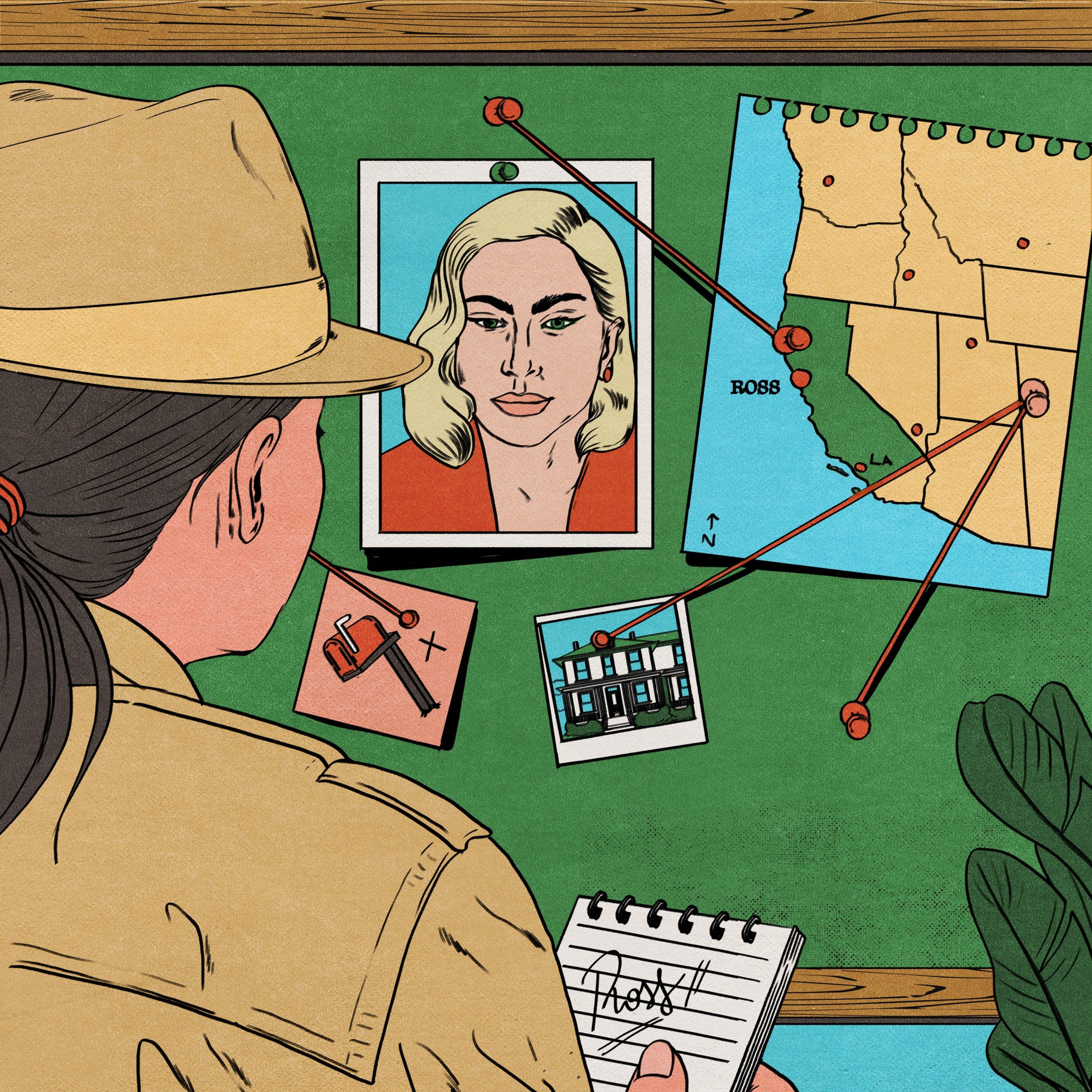 An illustration of a board with photos and a map