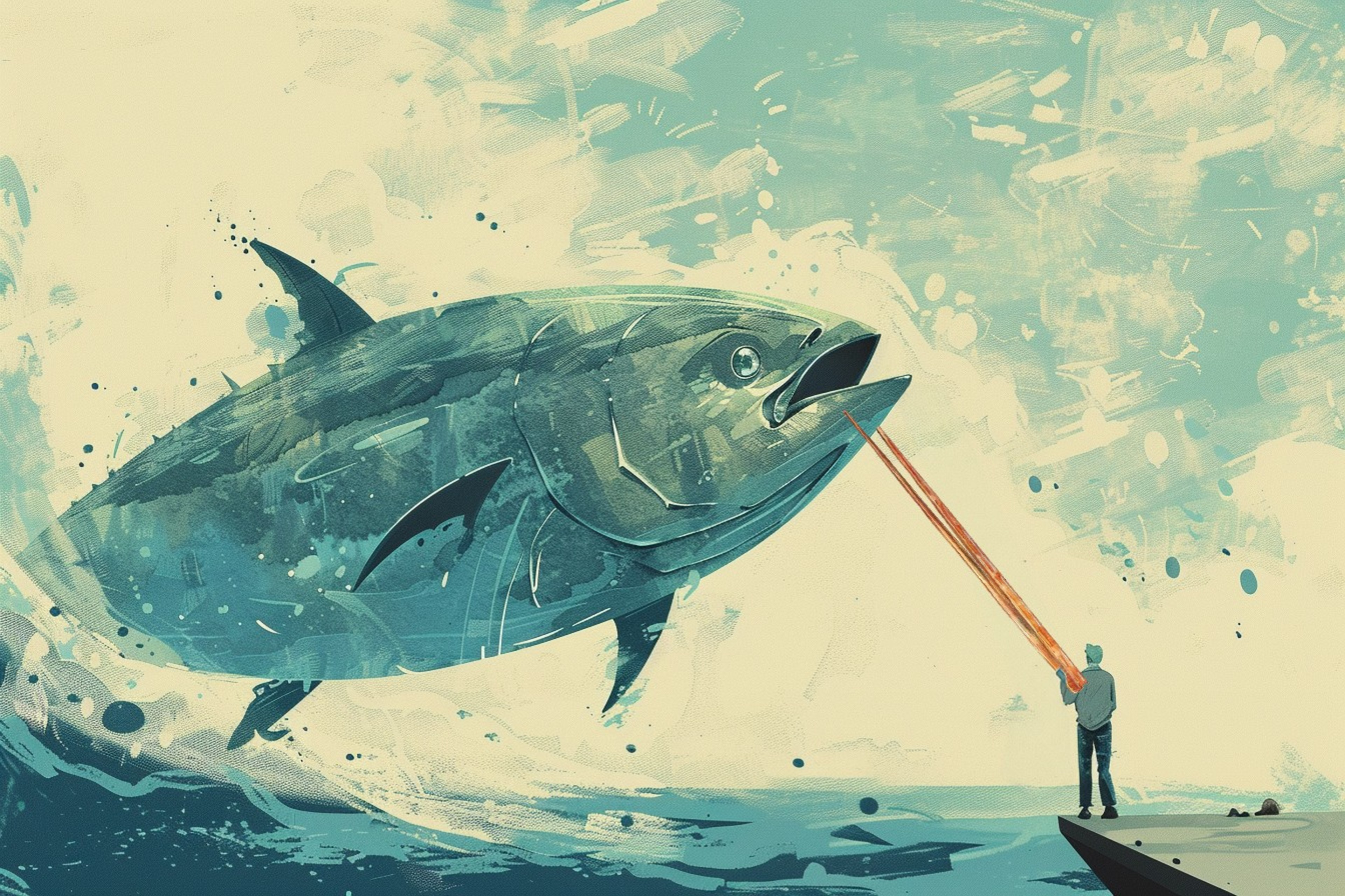 A person stands on a rock, casting a fishing line that pulls up a colossal, leaping fish from the water against a backdrop of splashing waves and an abstract sky.