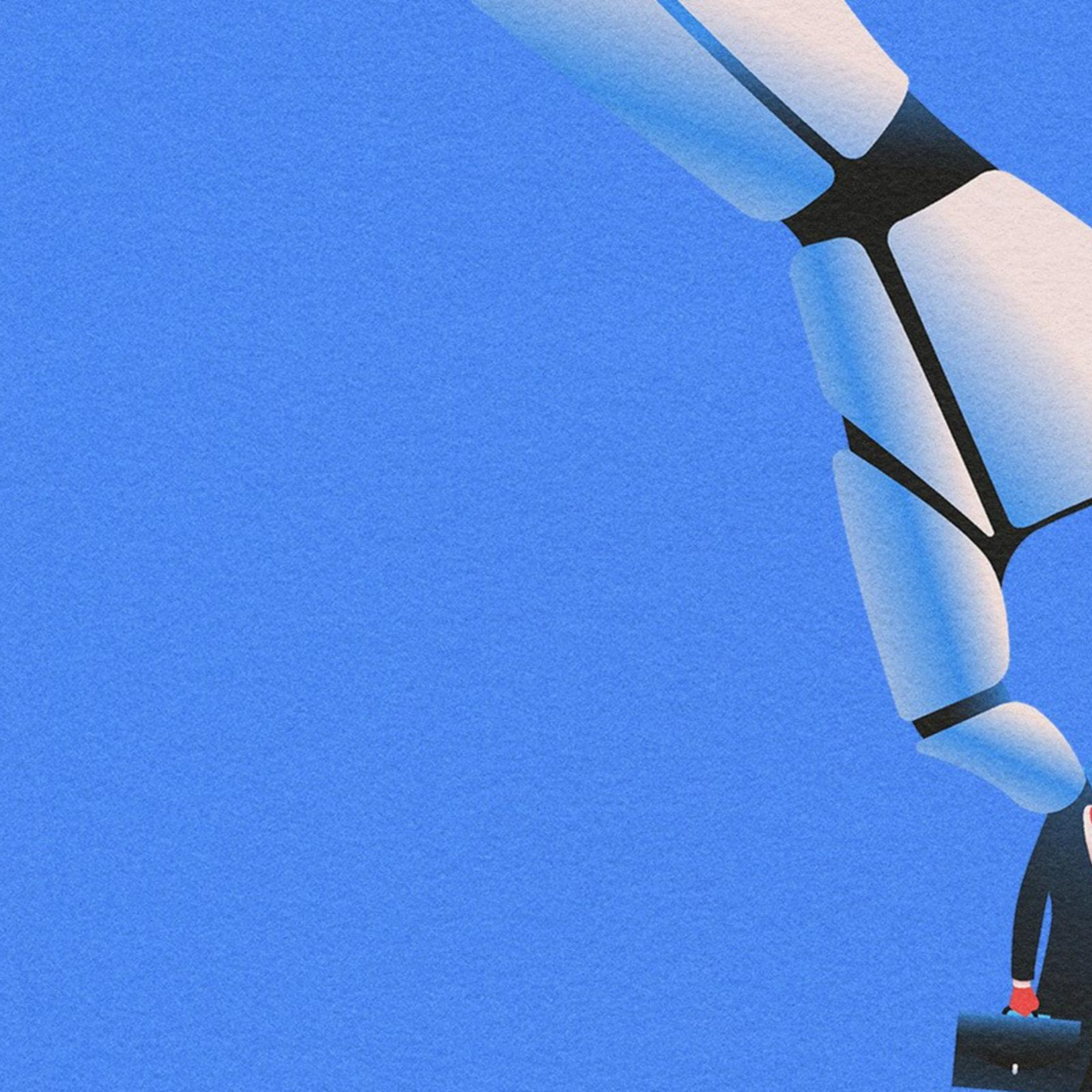 An illustration of a man being picked up and thrown into the trash by a robot hand