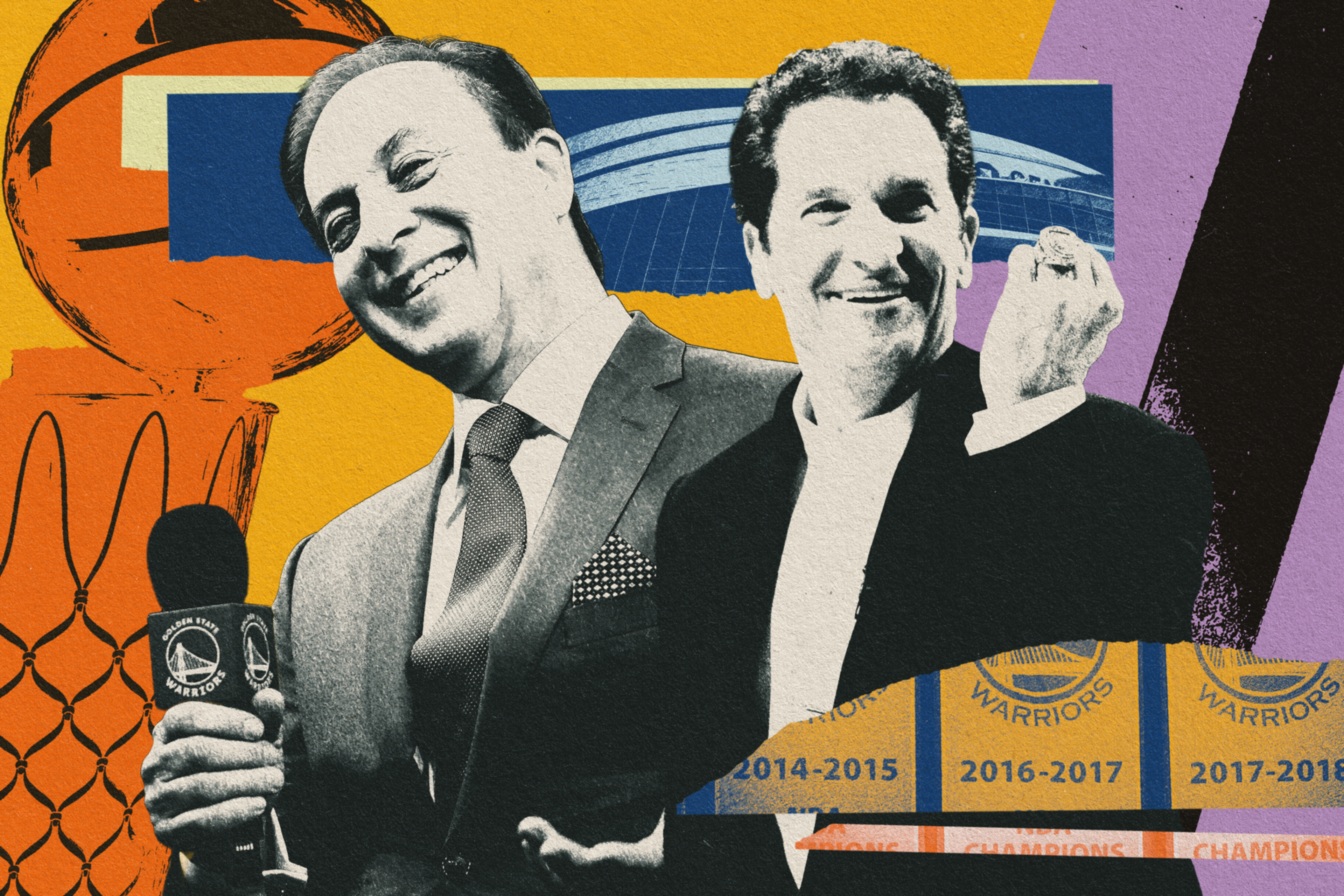 Two men in suits smile, one holding a Golden State Warriors microphone, with a basketball hoop, trophy, and championship banners in the background.