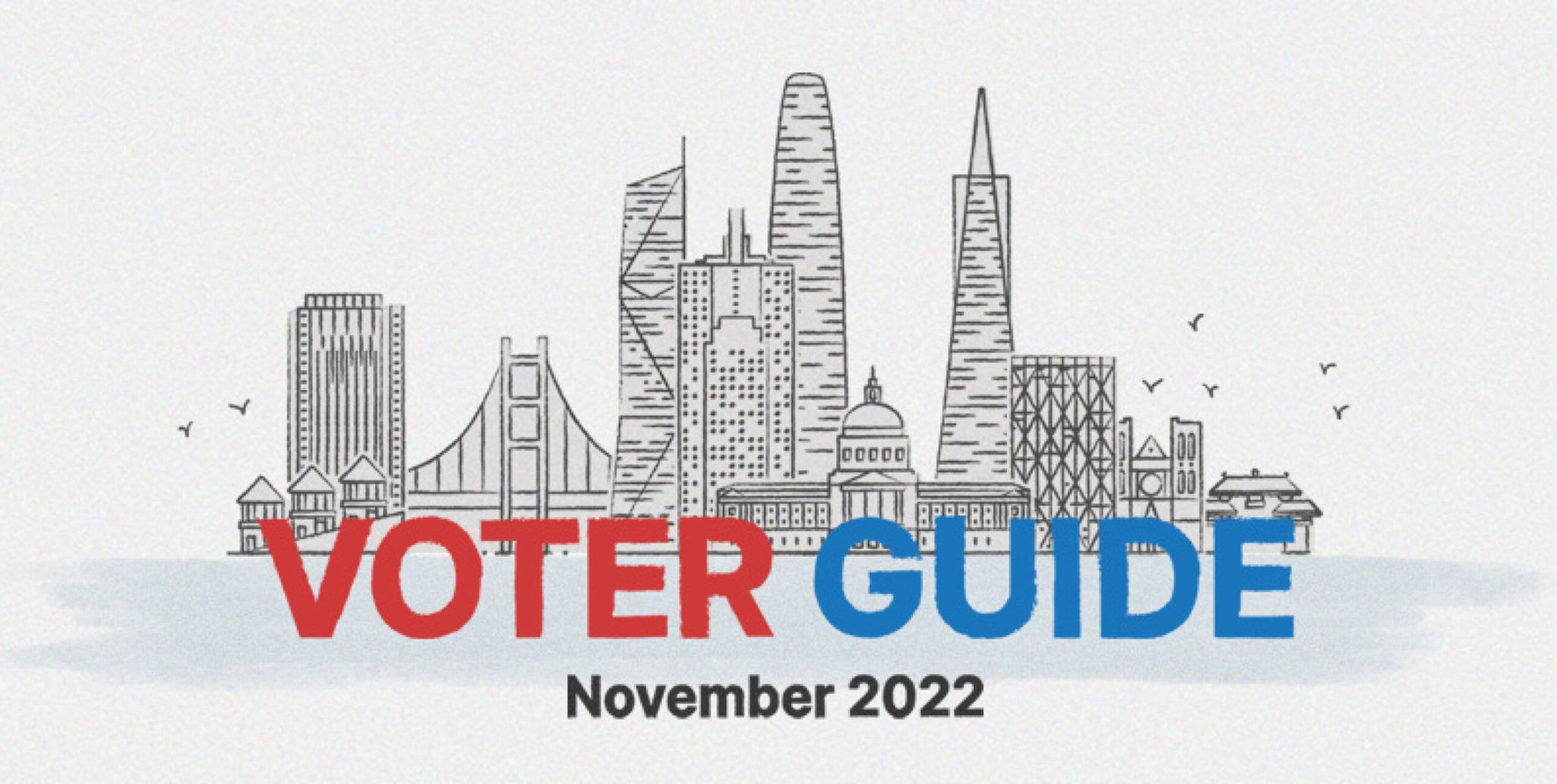A city skyline with iconic buildings and a bridge behind the bold text "VOTER GUIDE" in red and blue, and "November 2022" below in black.