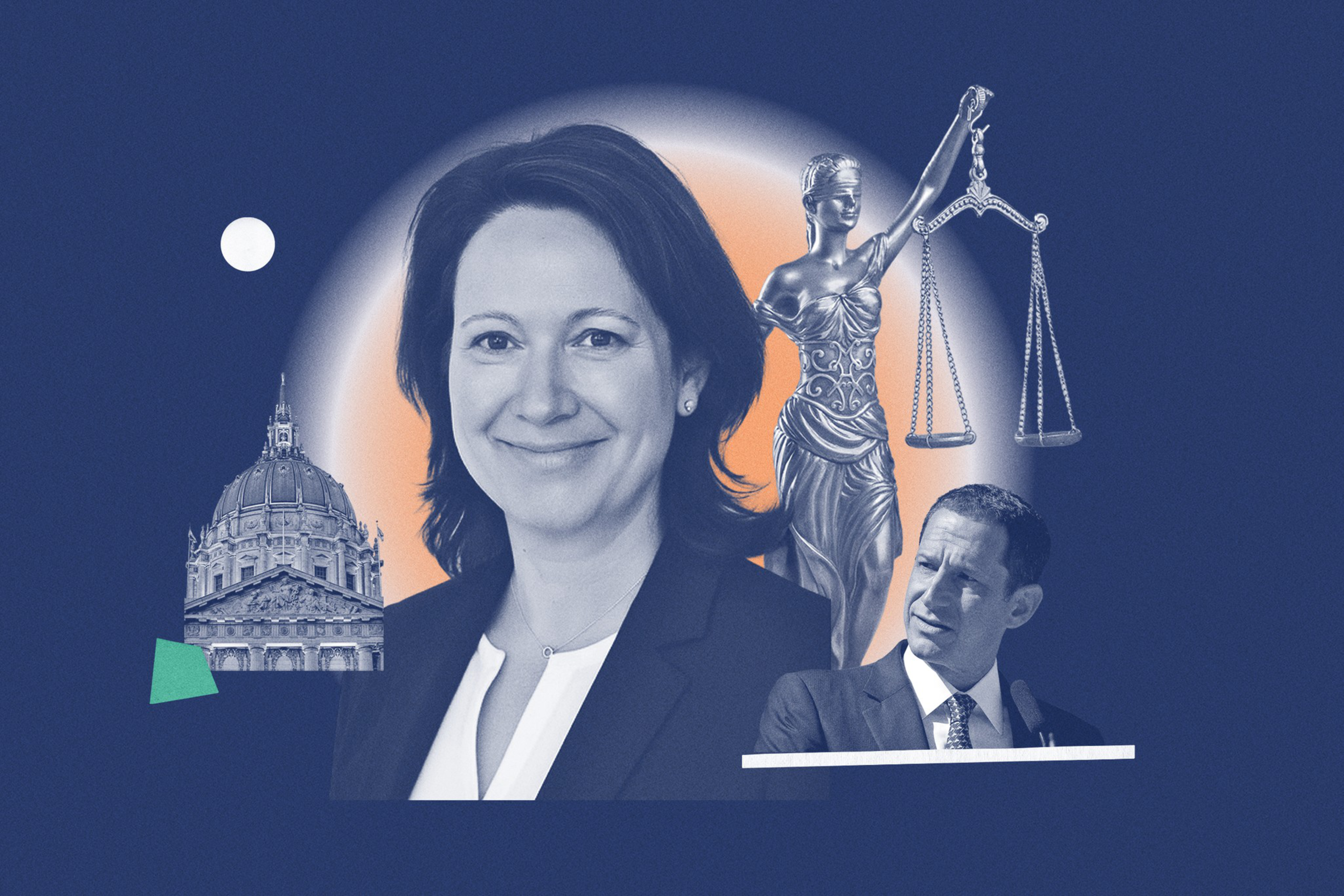 A smiling woman in a blazer is centered with a statue of Lady Justice, a man speaking at a podium, and a domed building under a moon in the background.