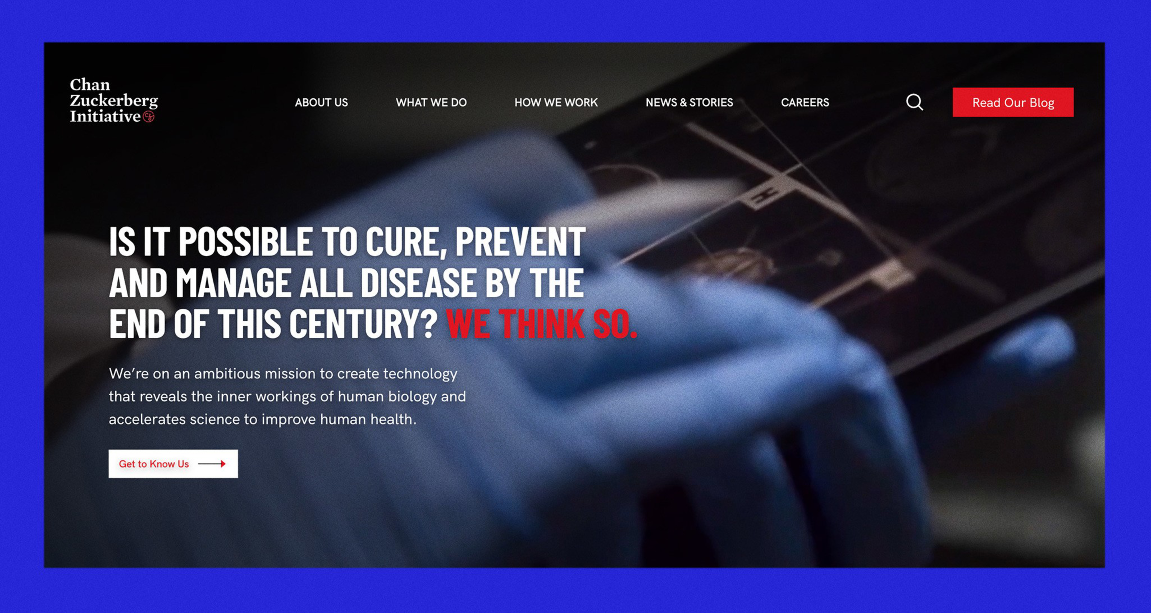 The image shows a website with text asking if curing all diseases by century's end is possible, answering confidently. Background shows a gloved hand and medical images.