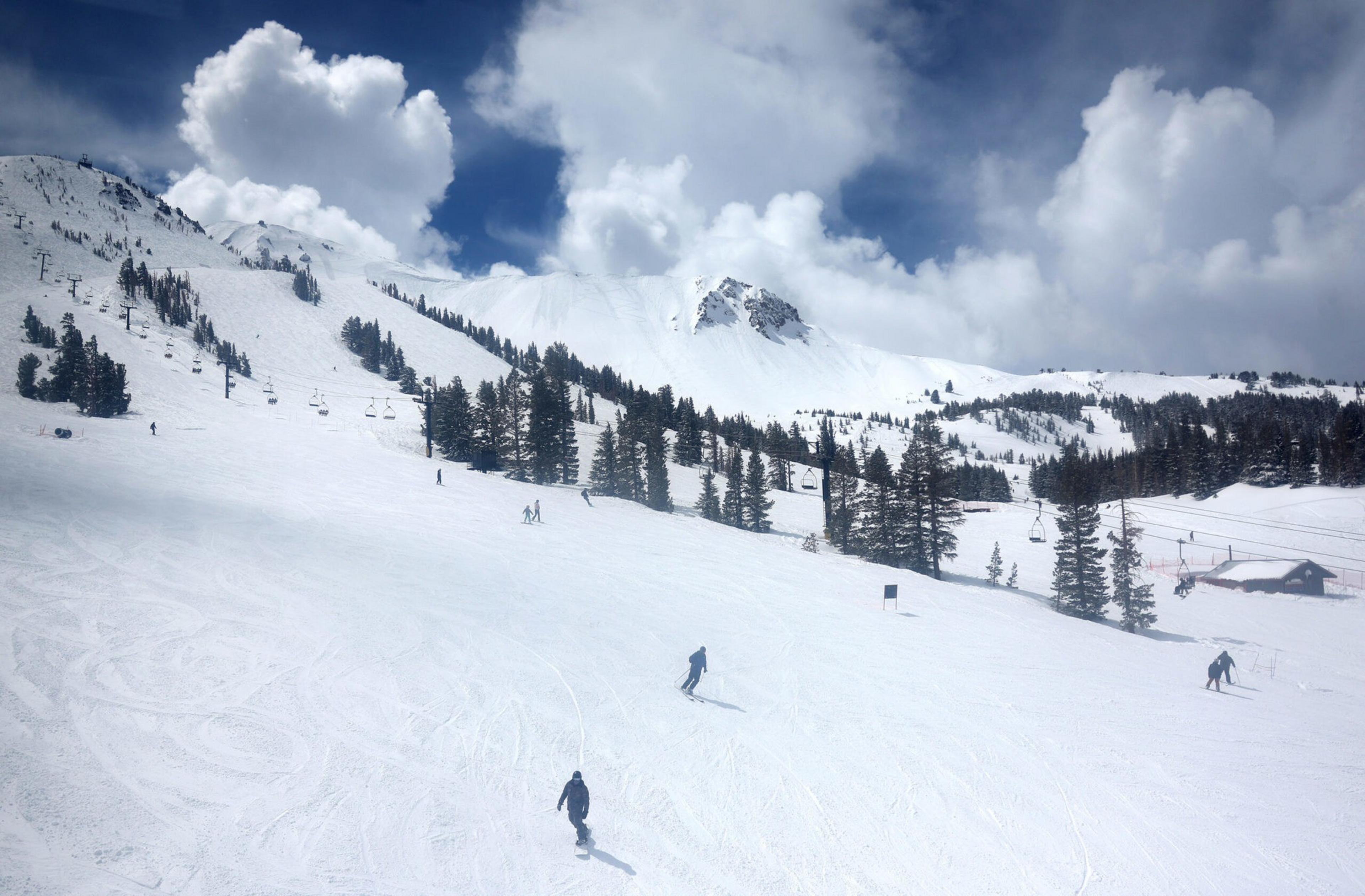 Snow-covered ski slopes with several skiers descending, surrounded by trees and mountains under a partly cloudy blue sky.