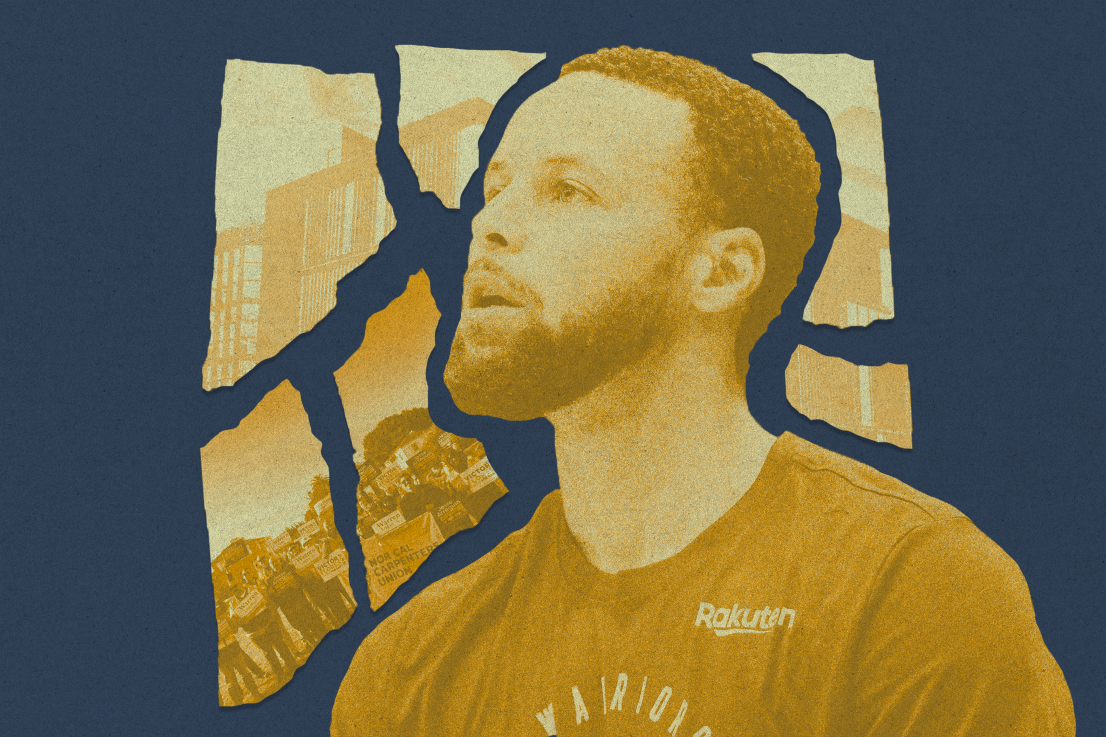 A man in sports attire looks upwards against a blue background. His image is fragmented like shattered glass, revealing buildings and a crowd beneath.
