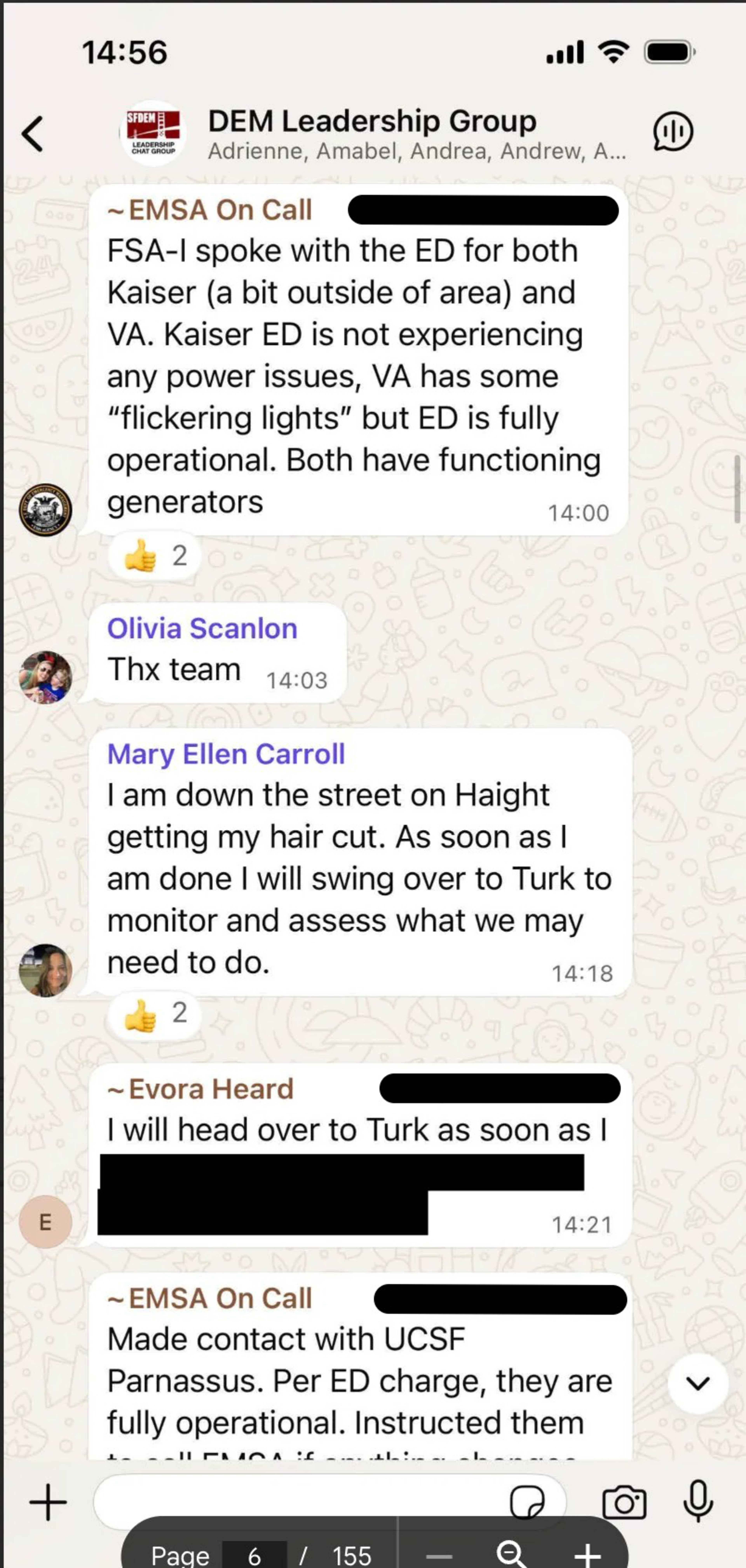 Messages in a group chat discuss power issues at Kaiser and VA, monitoring locations like Haight and Turk, and confirming operational status at UCSF Parnassus.