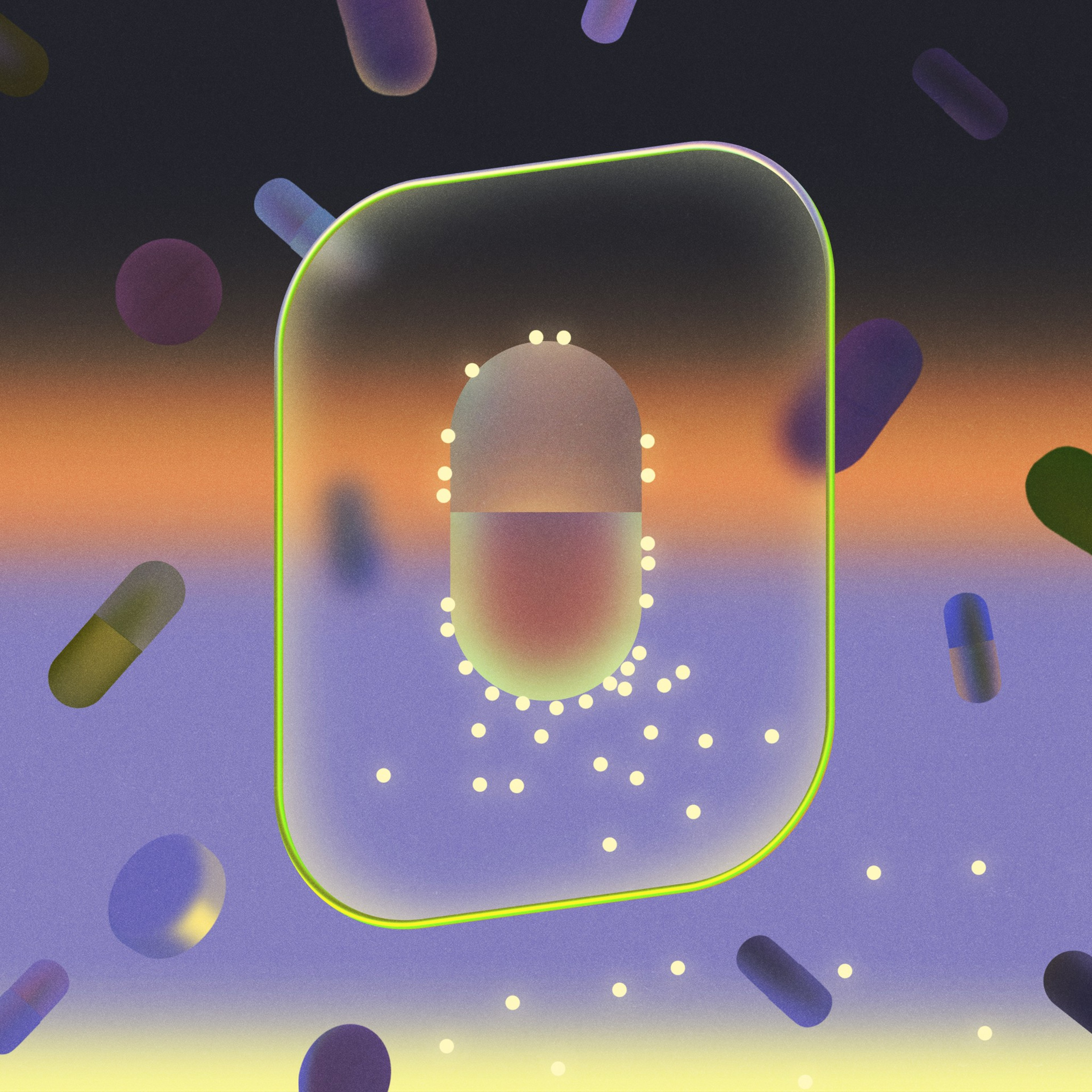 The image shows a large capsule surrounded by small glowing dots, floating in a colorful, abstract background with a mix of gradient hues.